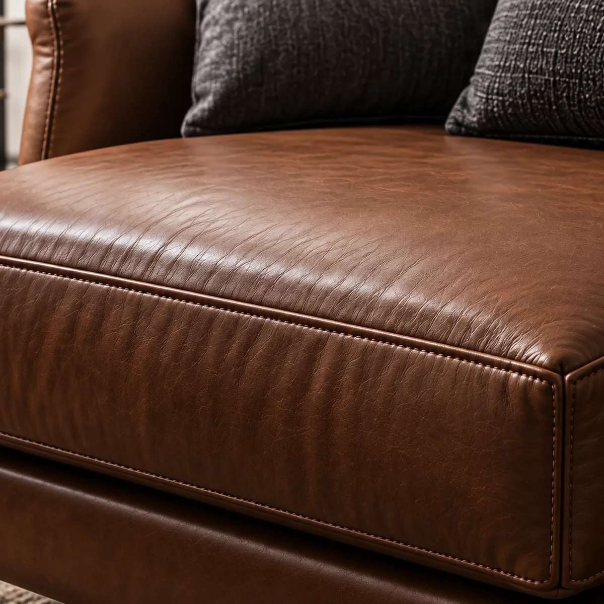 Boxed brown leather seat cushion filling out square at the front corners of an armchair