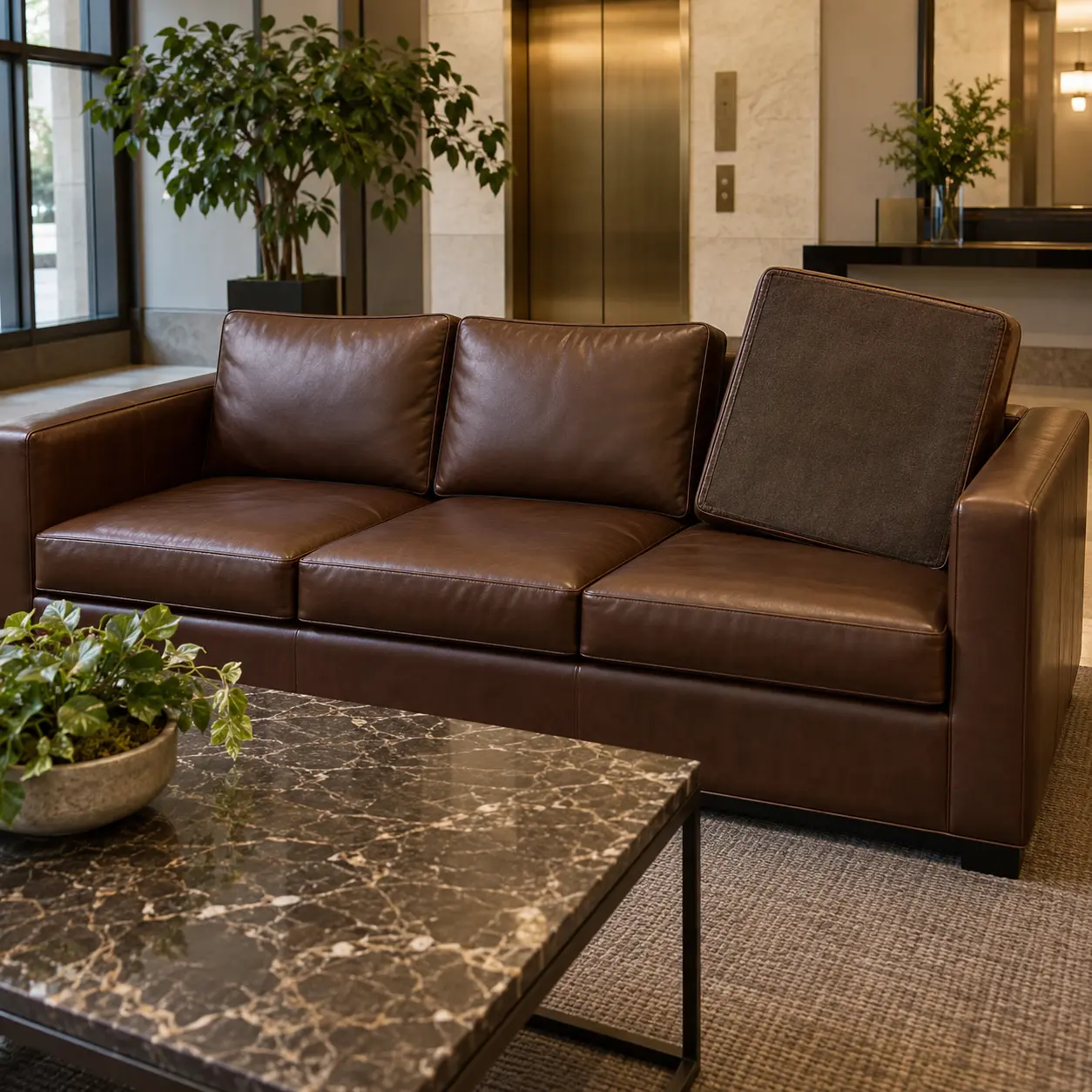 Lobby sofa cushions turned and squared up