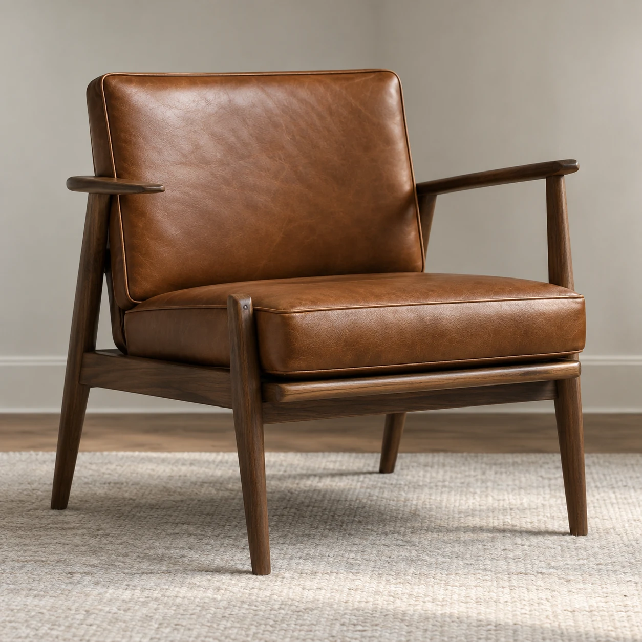 Mid-century armchair in cognac leather on a walnut frame