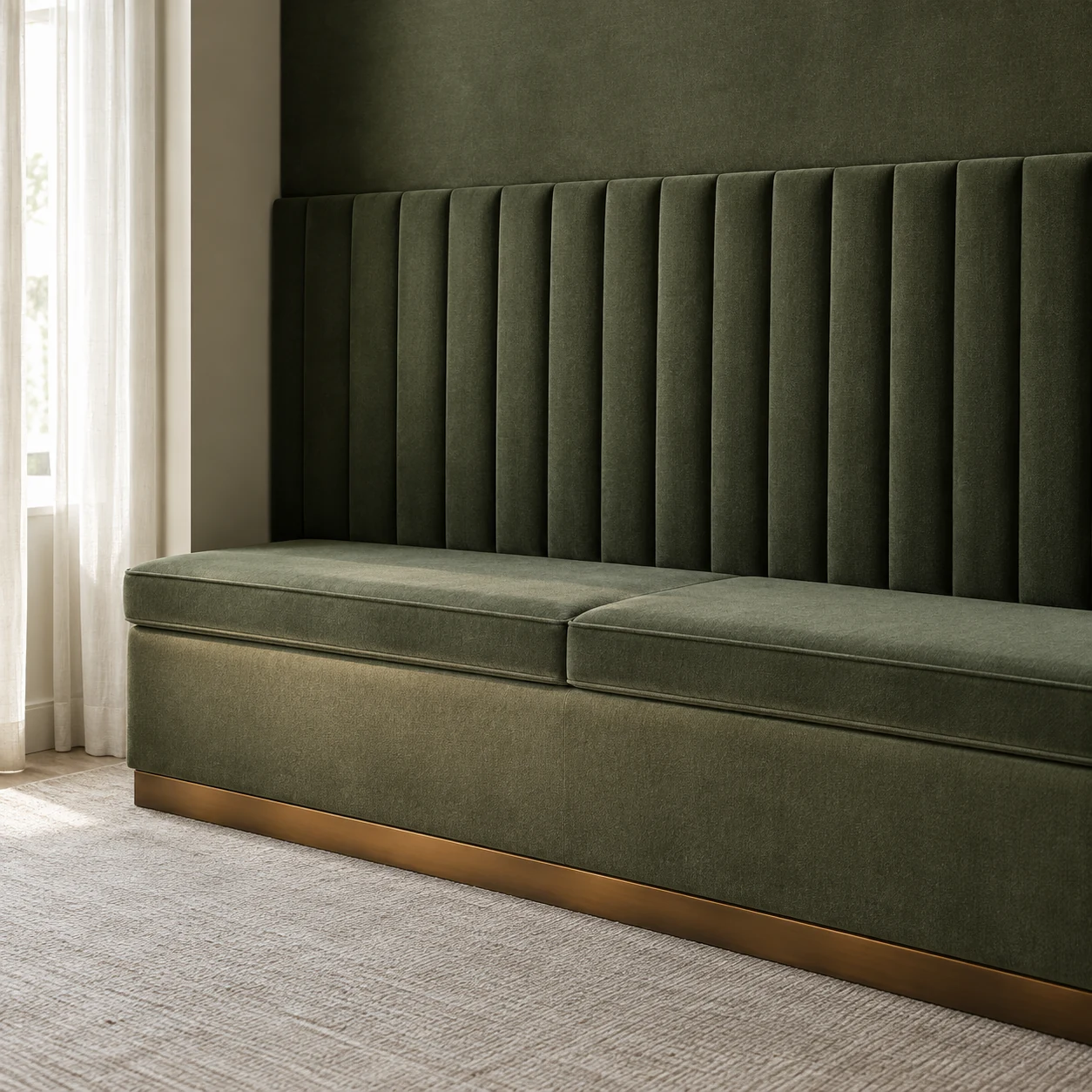 Built-in green velvet banquette with a brass toe kick