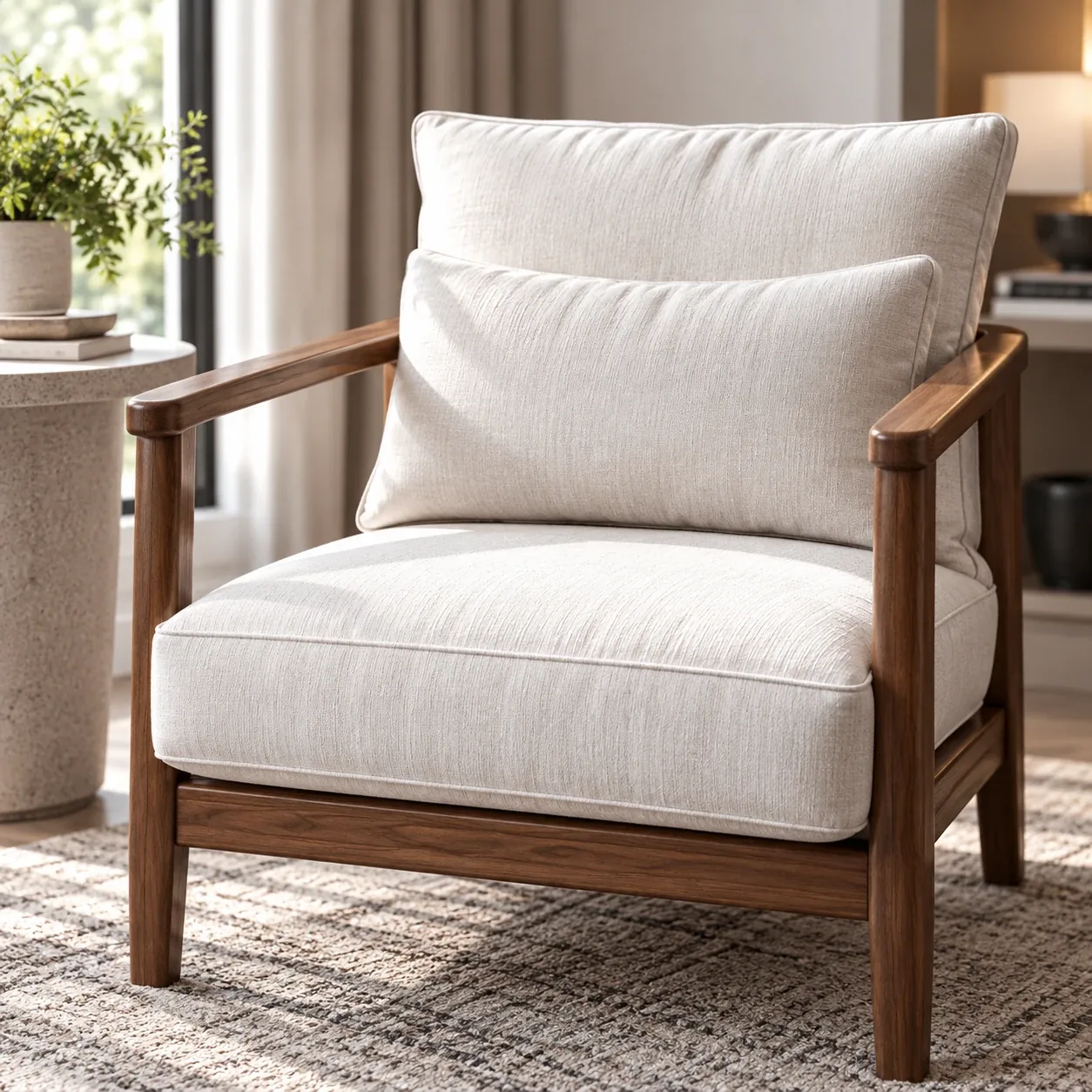 Walnut framed armchair with a deep cream seat cushion and a loose back cushion