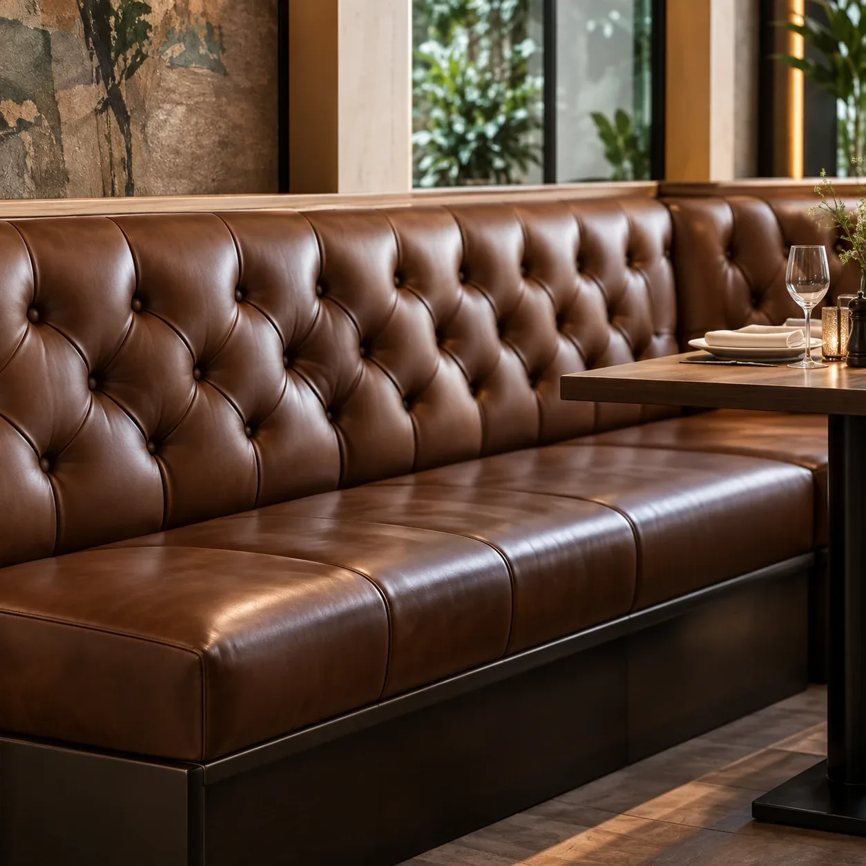Brown buttoned leather banquette run with a continuous seat cushion beside a restaurant table