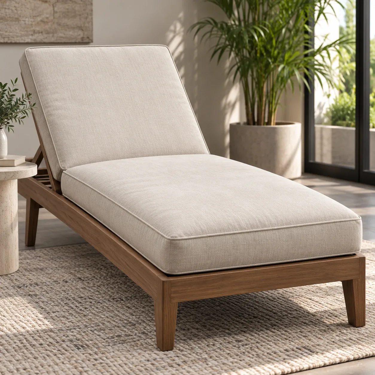 Teak framed chaise lounger with a long cream cushion and a raised back section