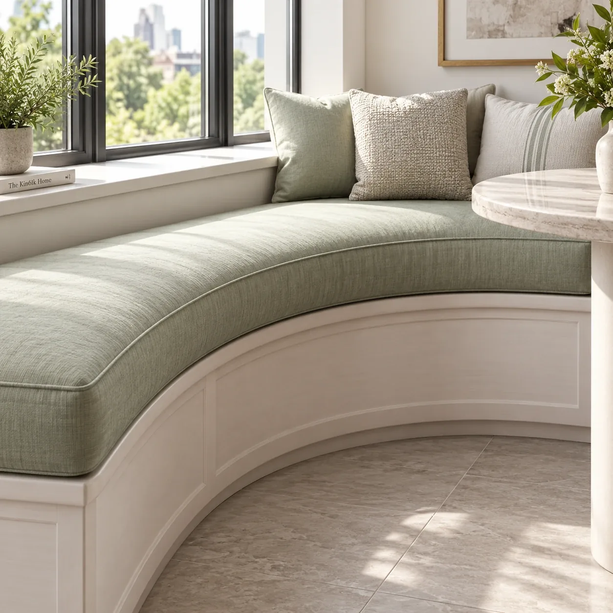 Curved built-in bay bench with a sage green fitted cushion following the radius