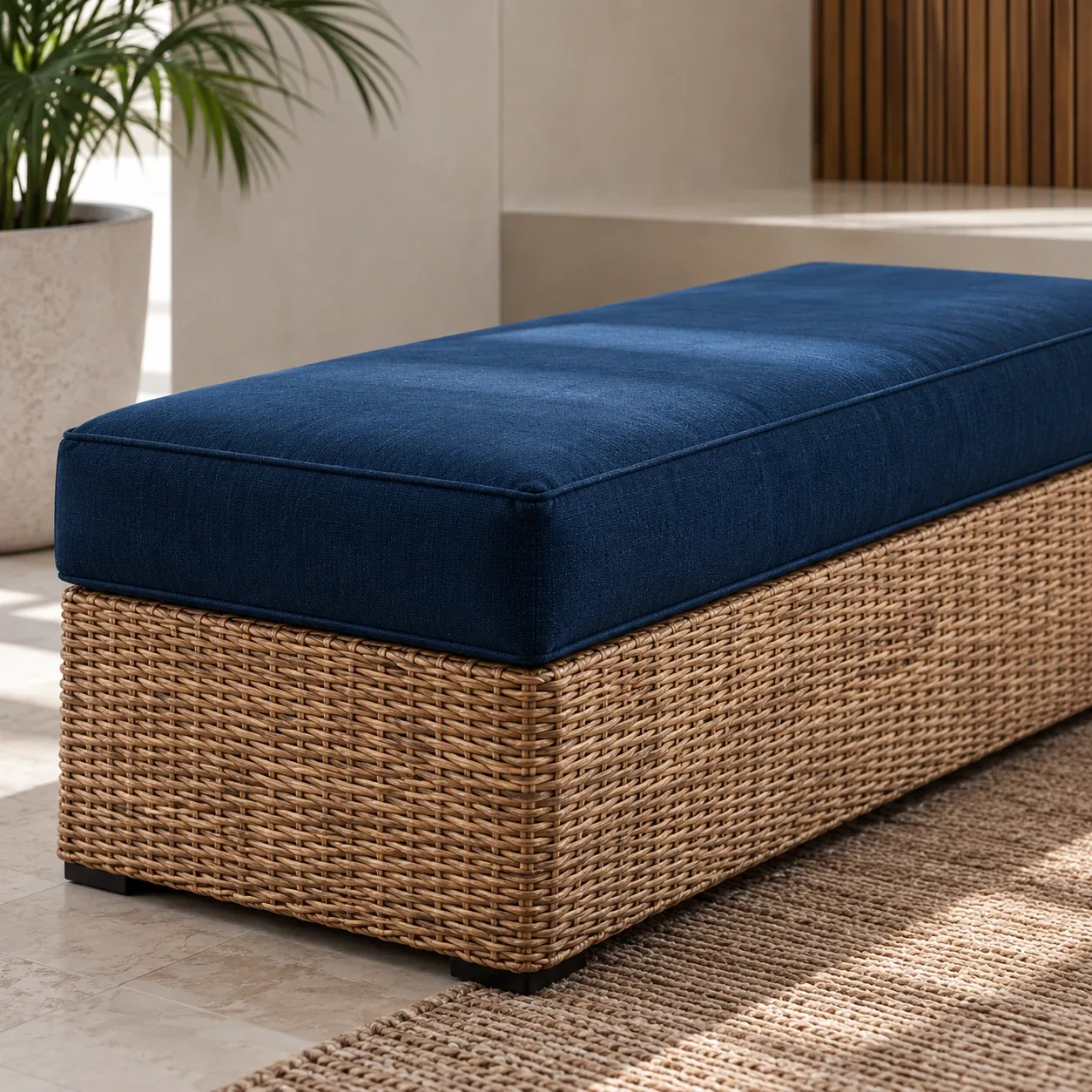 Woven rattan outdoor bench topped with a navy box cushion