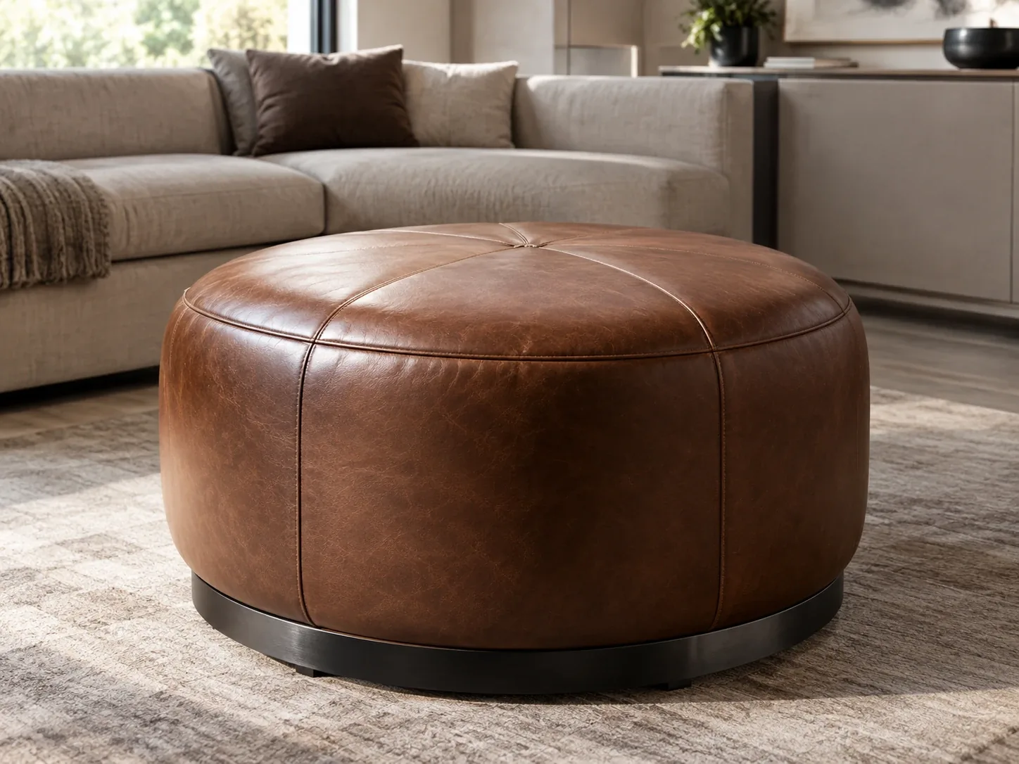 Round tan leather ottoman with a segmented top and a dark plinth base