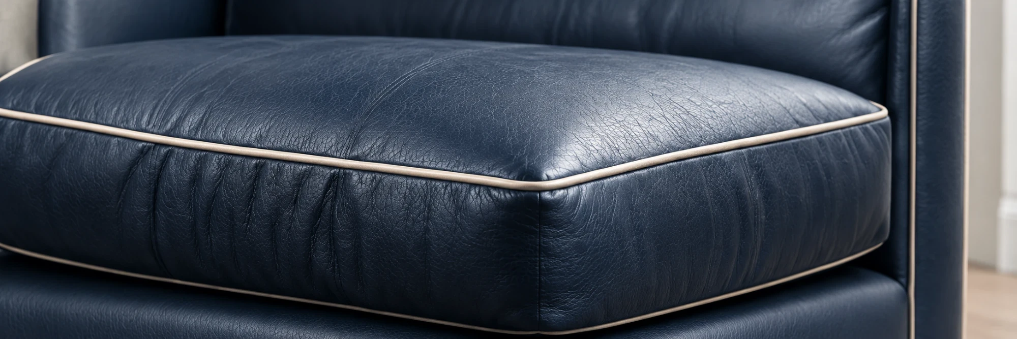 A navy leather cushion finished with contrast piping