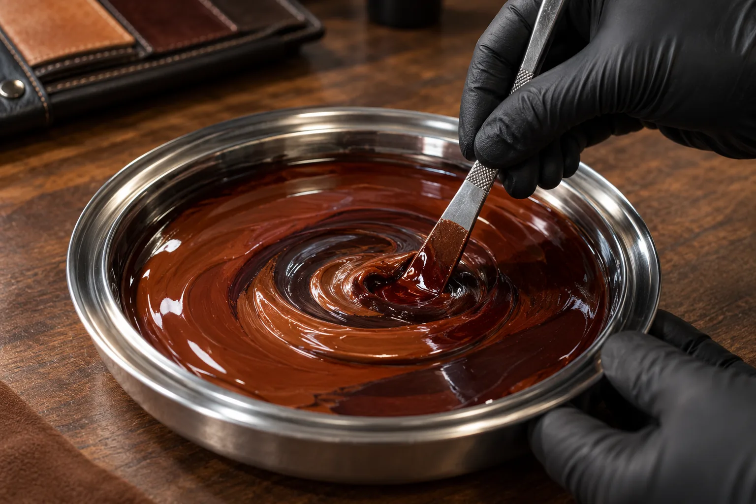Custom leather colour being mixed in a dye pan on site