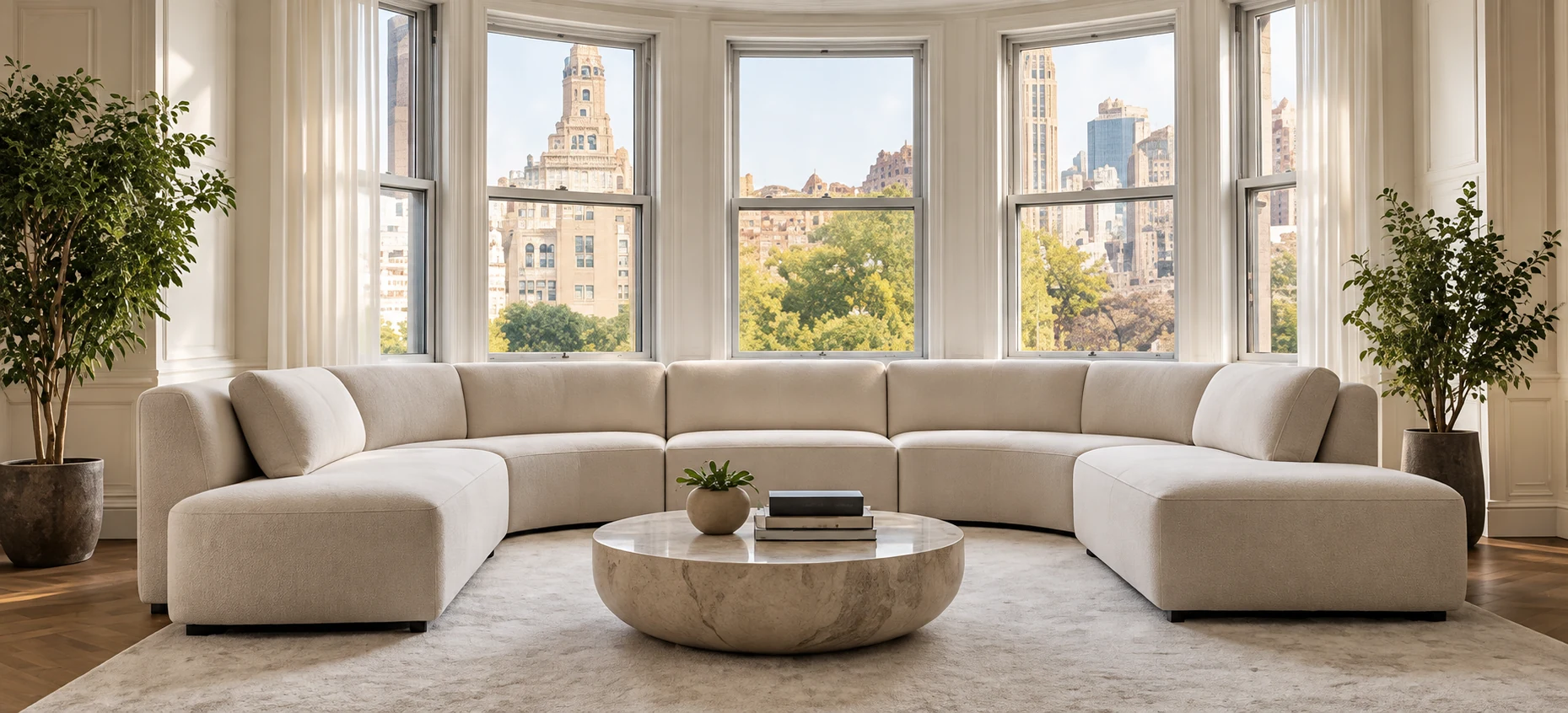 Modular sectional built to follow a bay window in a New York apartment