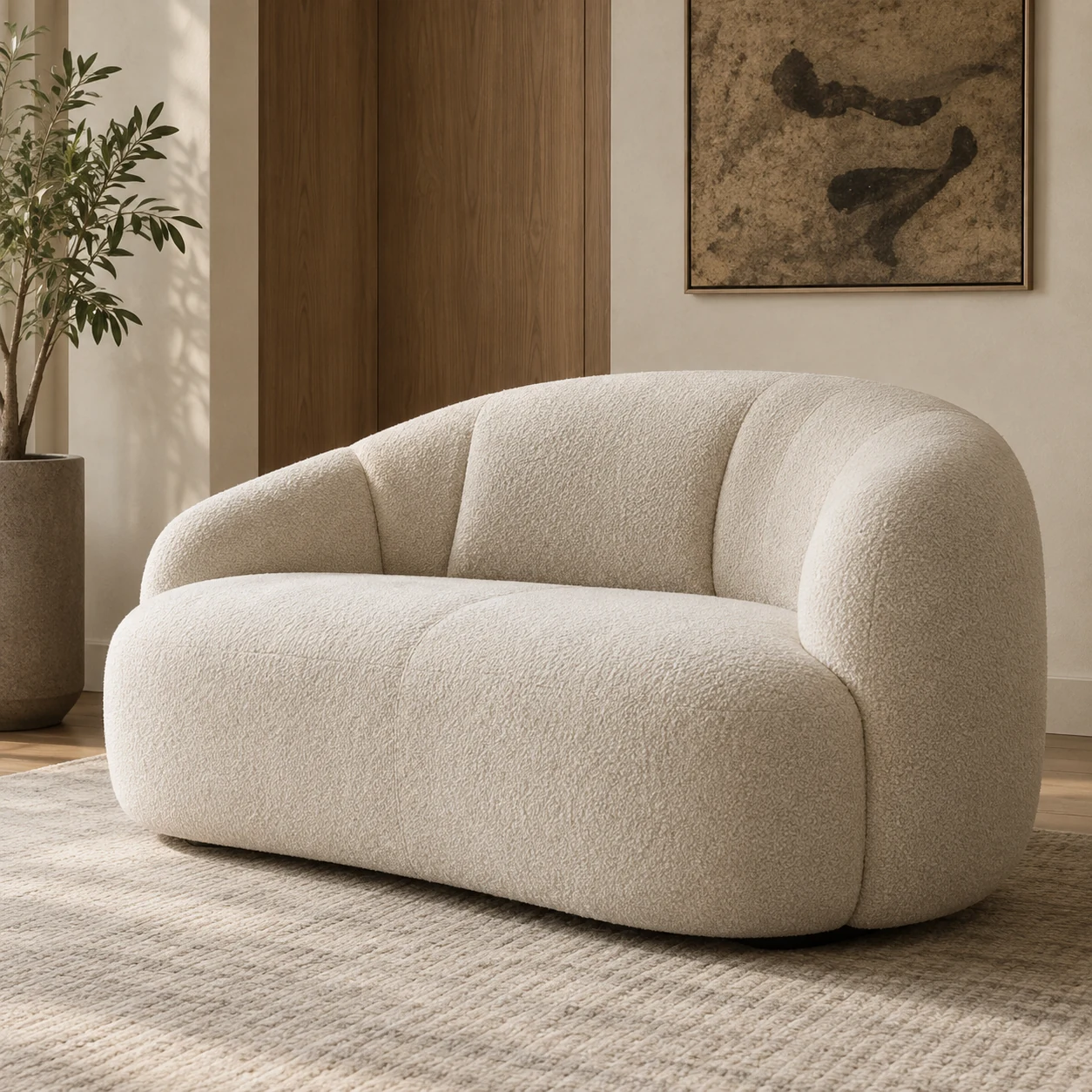 Organic curved settee in cream boucle