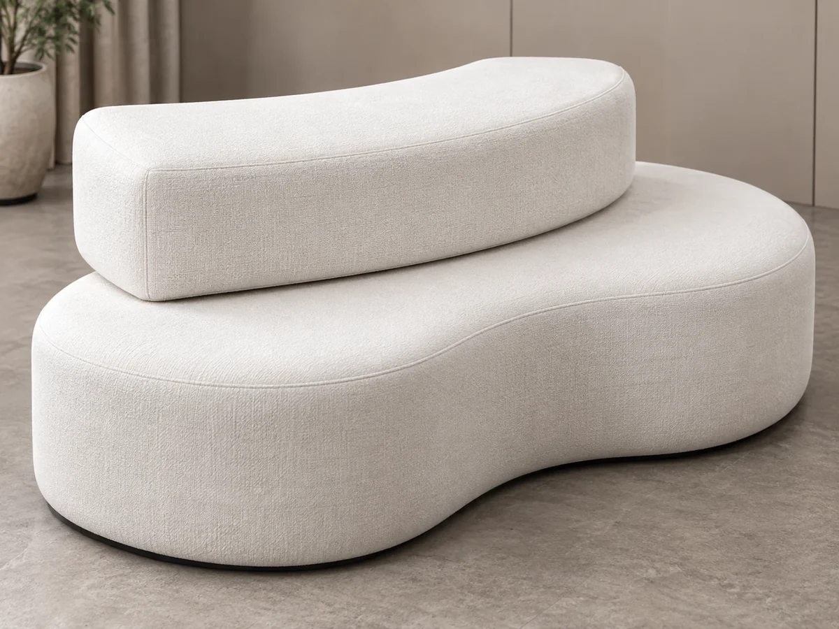 Curved two-tier boucle bench with no straight edges