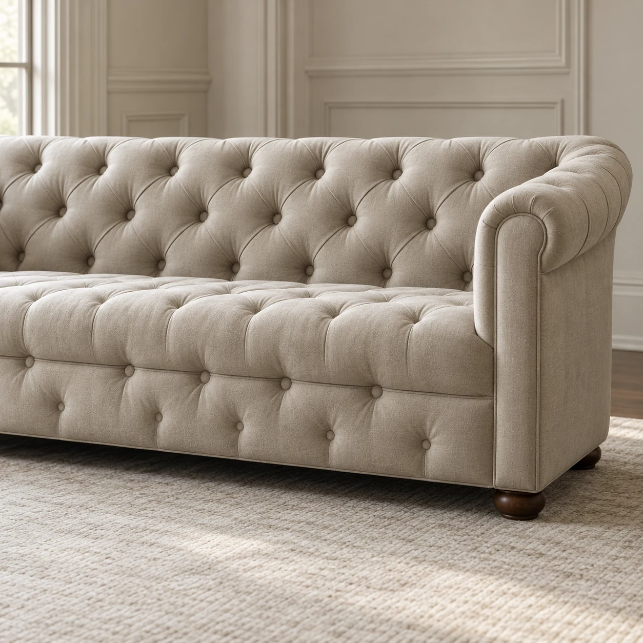 Classic deep-buttoned chesterfield sofa in cream fabric