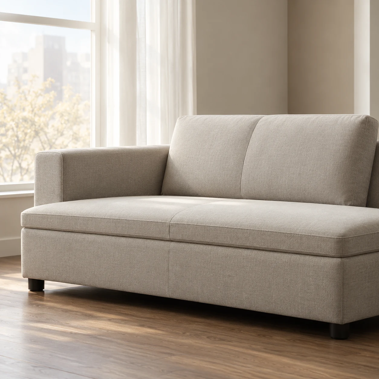 Modern minimal sofa with square arms in pale linen