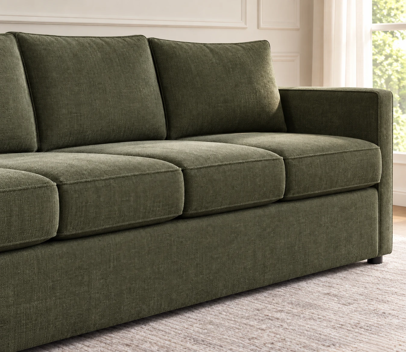 Tailored contemporary sofa in olive green weave