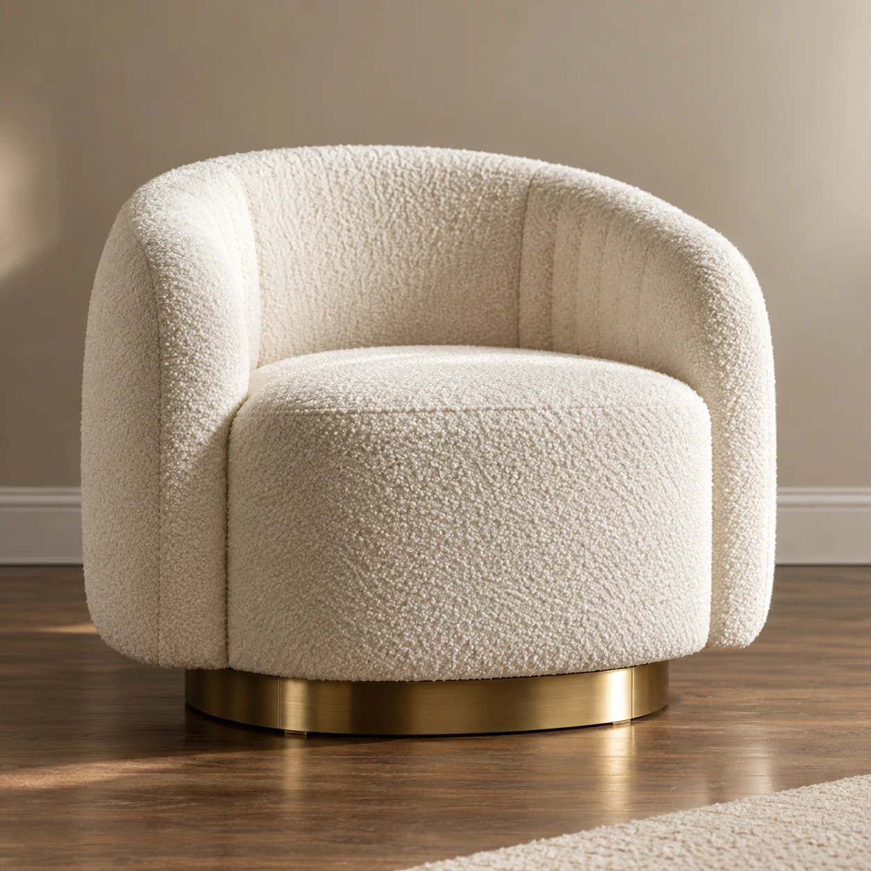 Art deco swivel chair in boucle on a brushed brass base