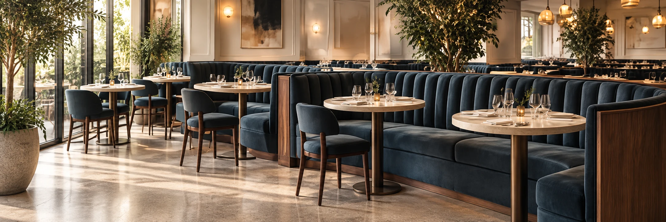 Navy banquettes and dining chairs built for a restaurant