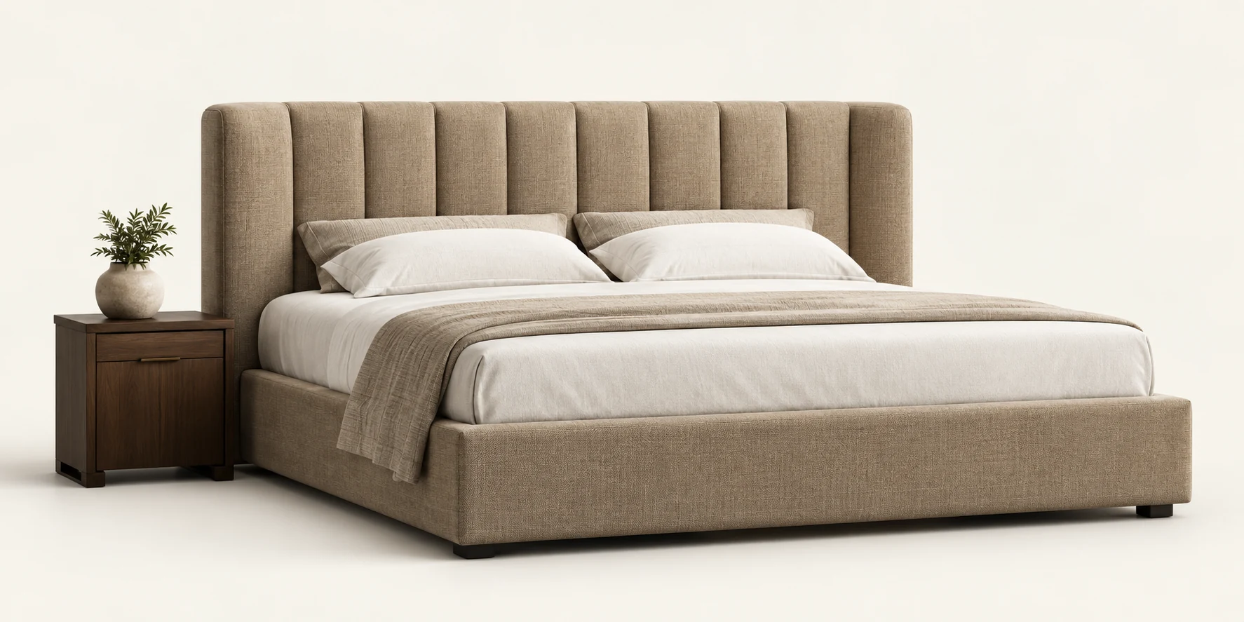 Channel-stitched upholstered headboard and bed in taupe