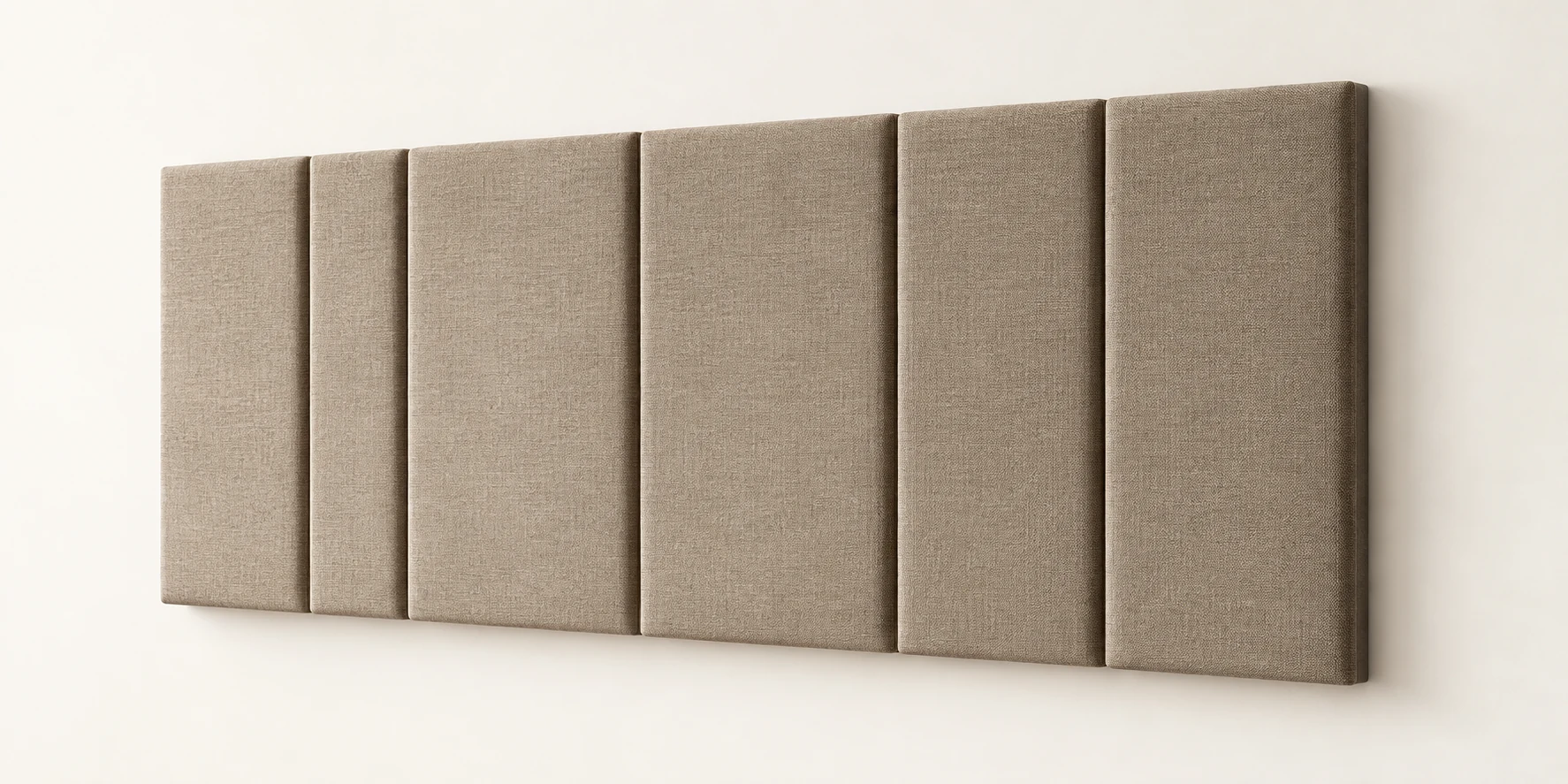 Upholstered wall panels in taupe fabric fitted edge to edge