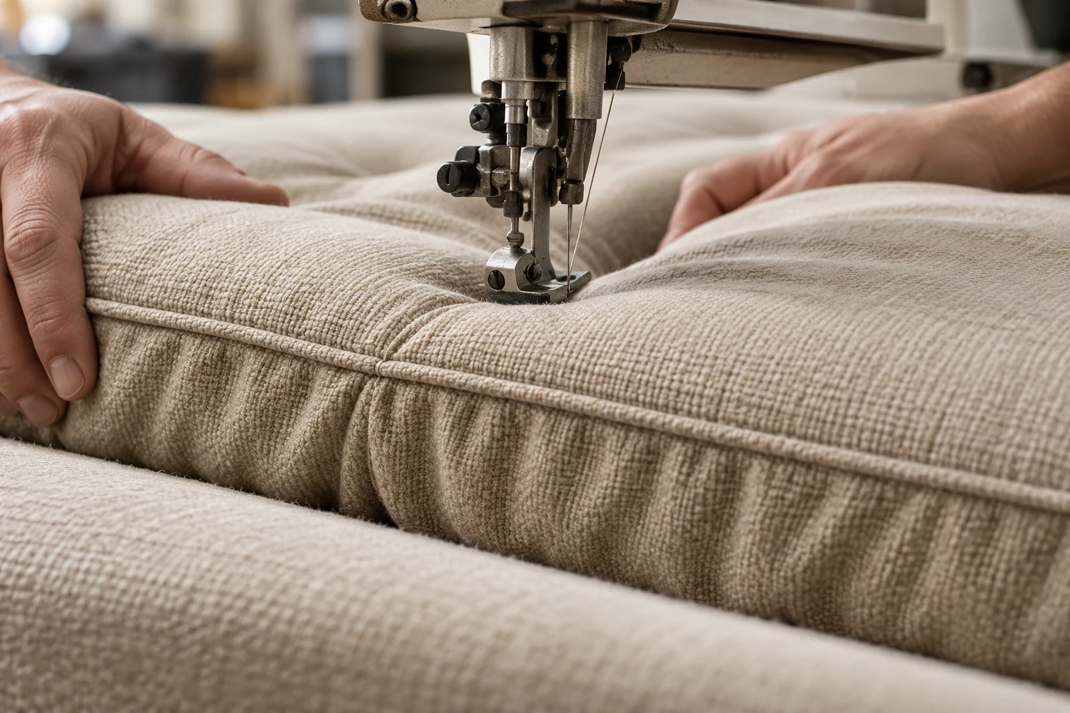 Upholsterer sewing a quilted panel on an industrial machine