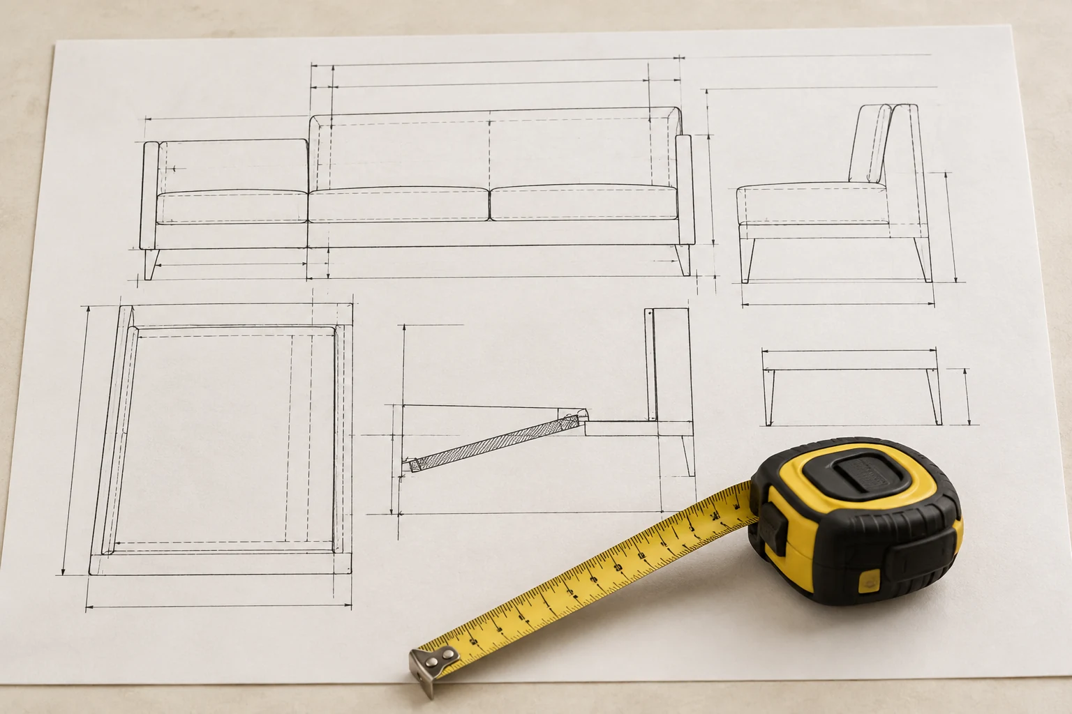 Technical upholstery drawing with a tape measure