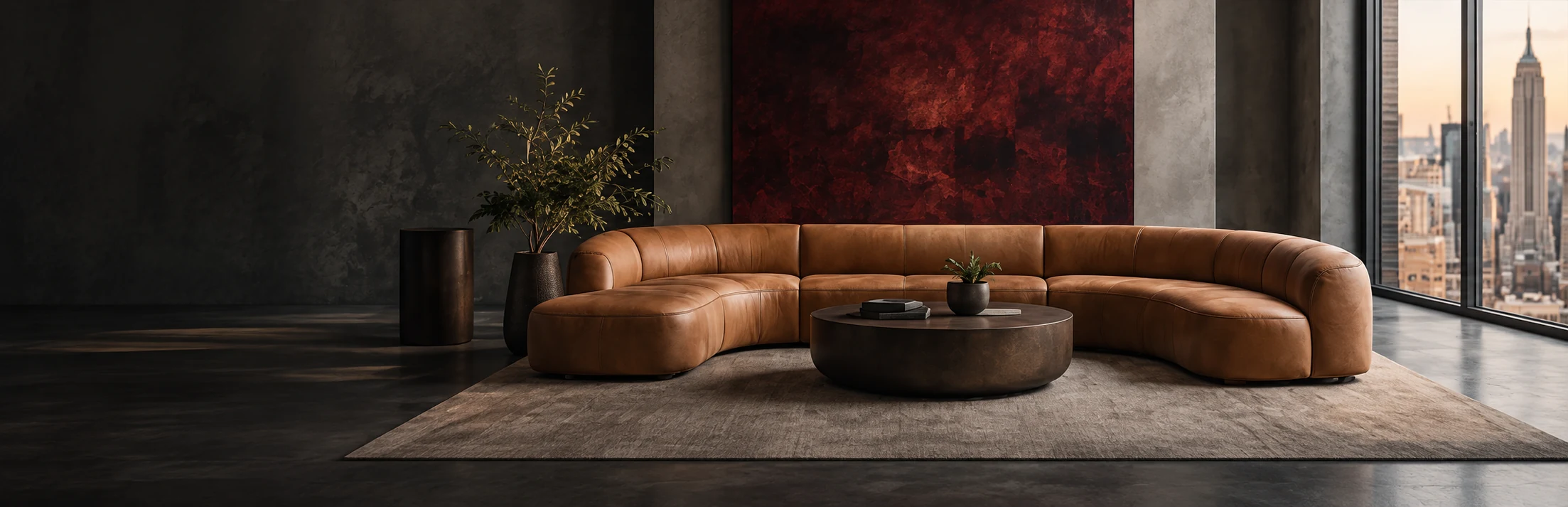 Cognac leather curved sectional built for a New York apartment at dusk