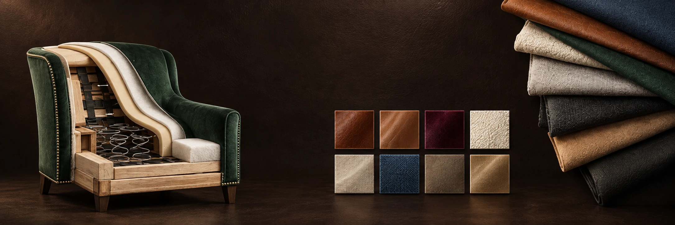 Cutaway of a green wing chair showing the hardwood frame, webbing, coil springs, foam and cover, beside leather and fabric swatches