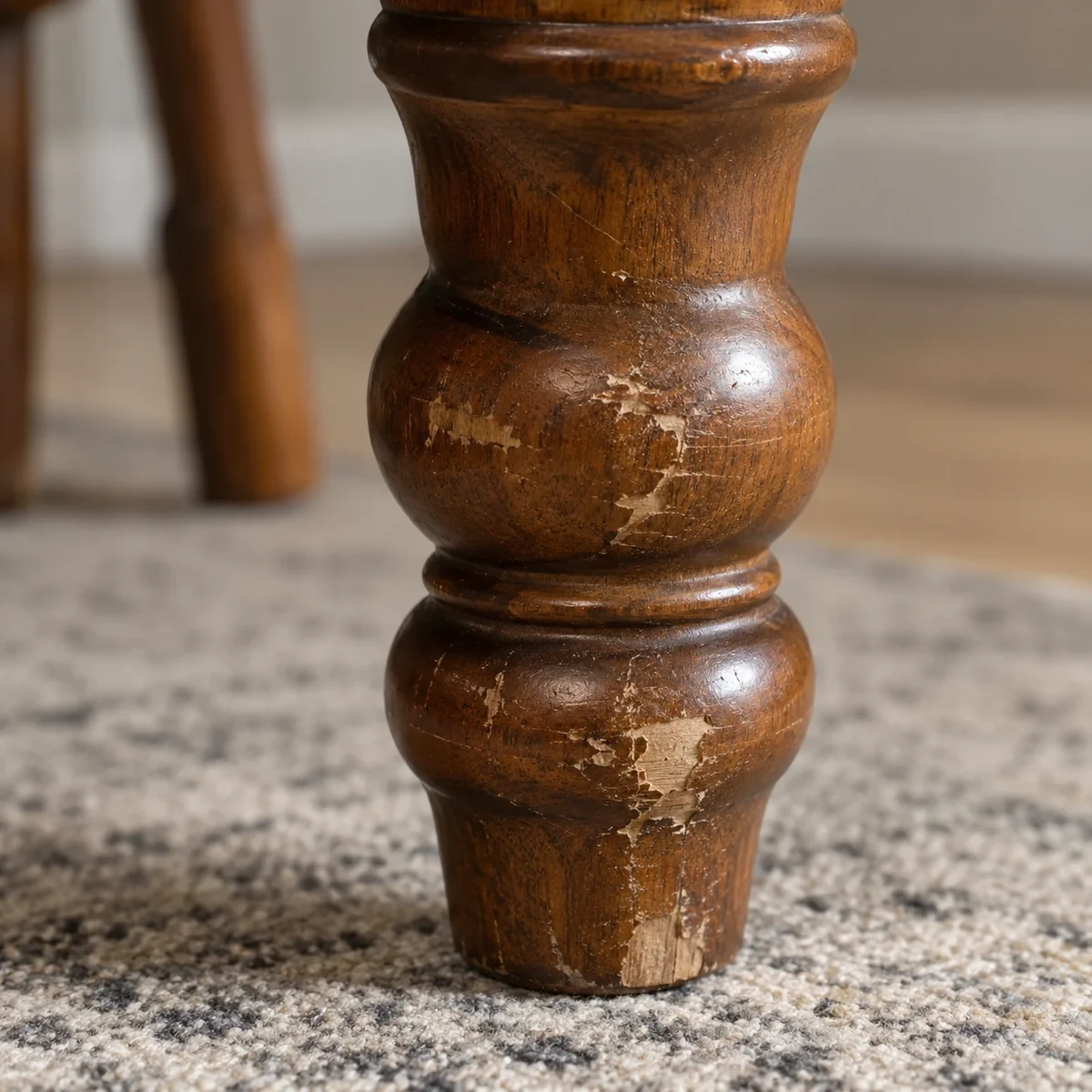 Turned wooden leg with chunks knocked out of the beading