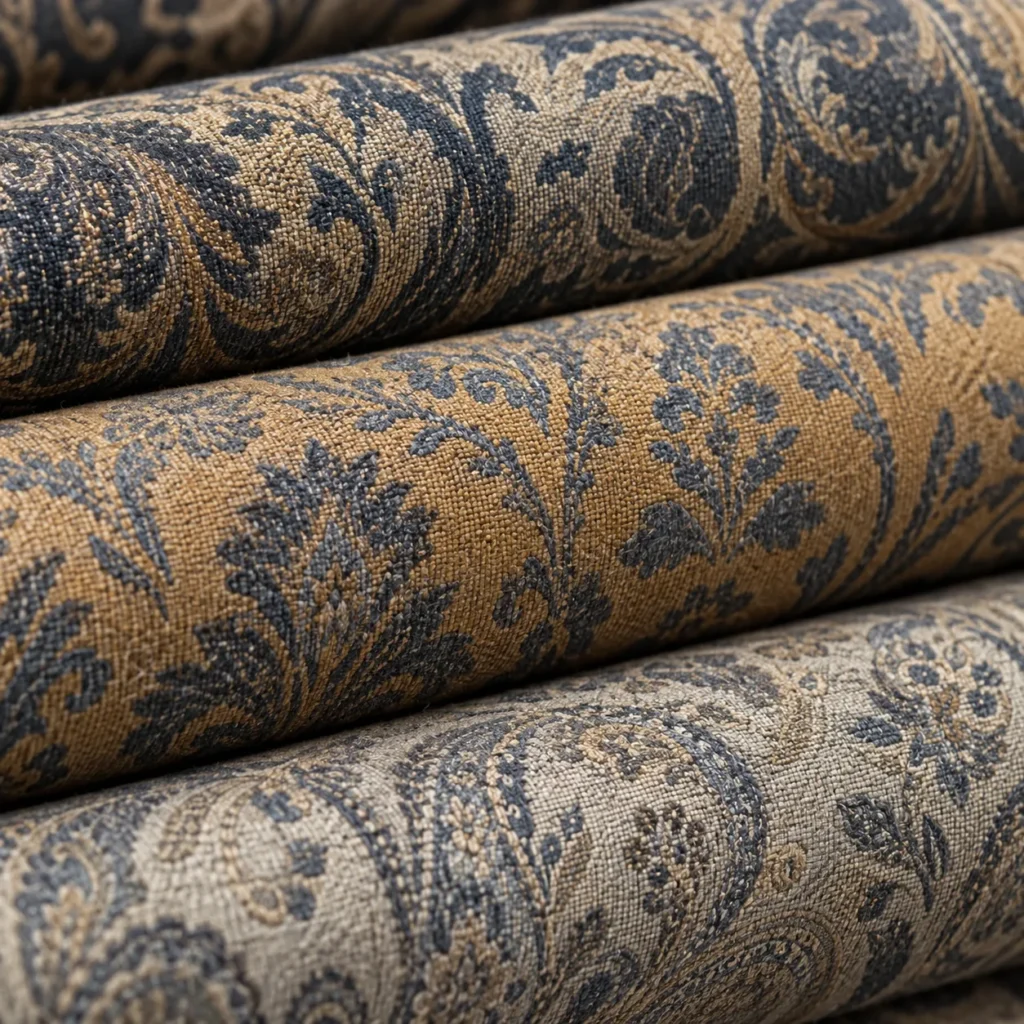 Rolls of damask upholstery fabric