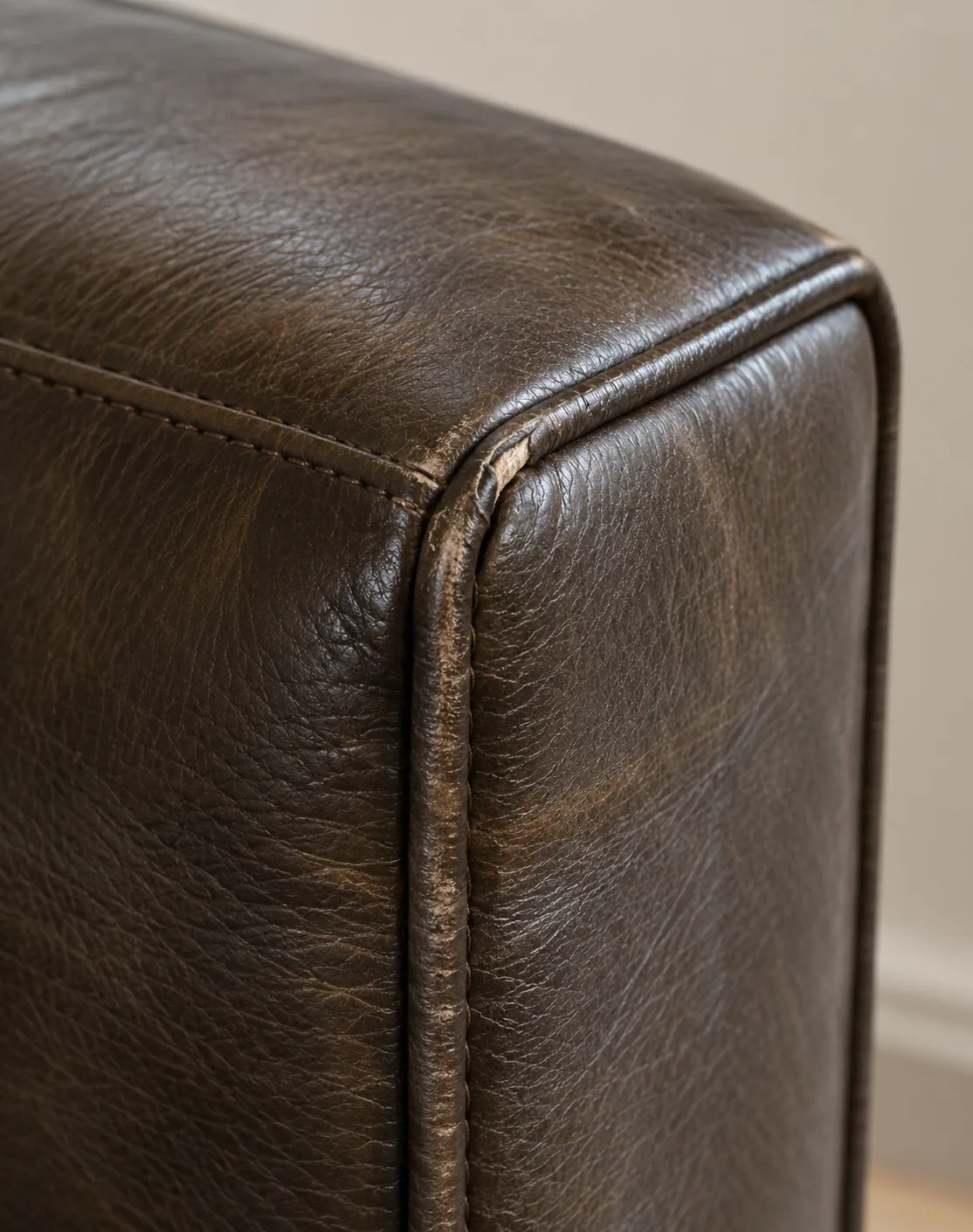 Dark brown bench corner worn pale along the top edge
