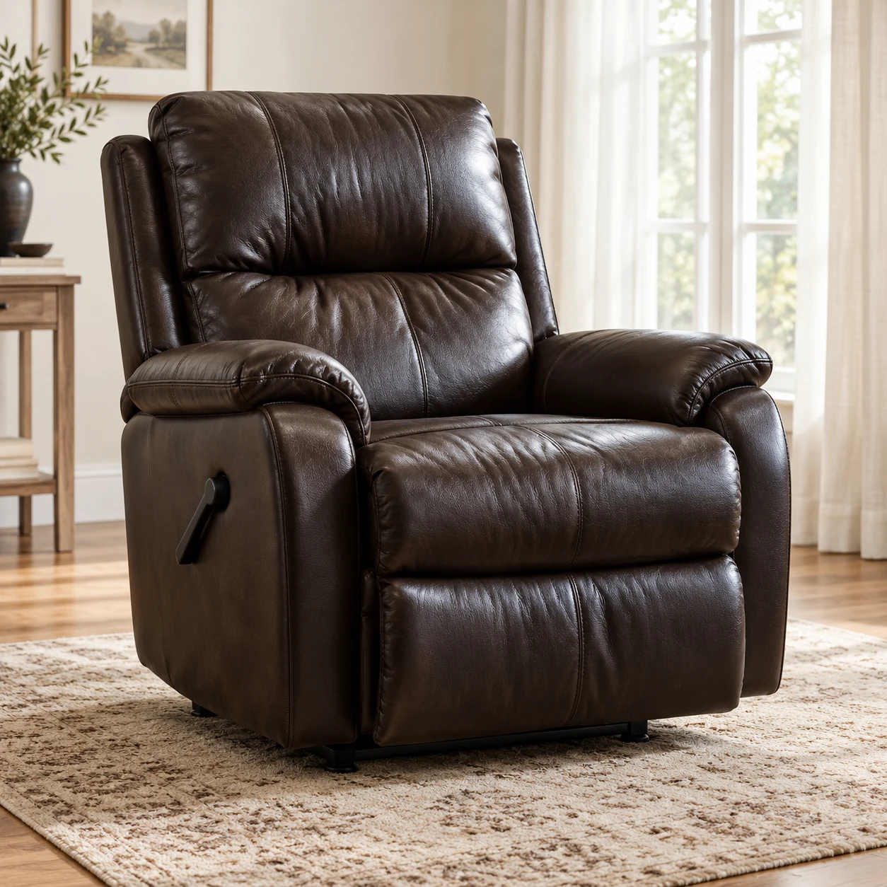A dark brown leather recliner with padded arms and a side release handle