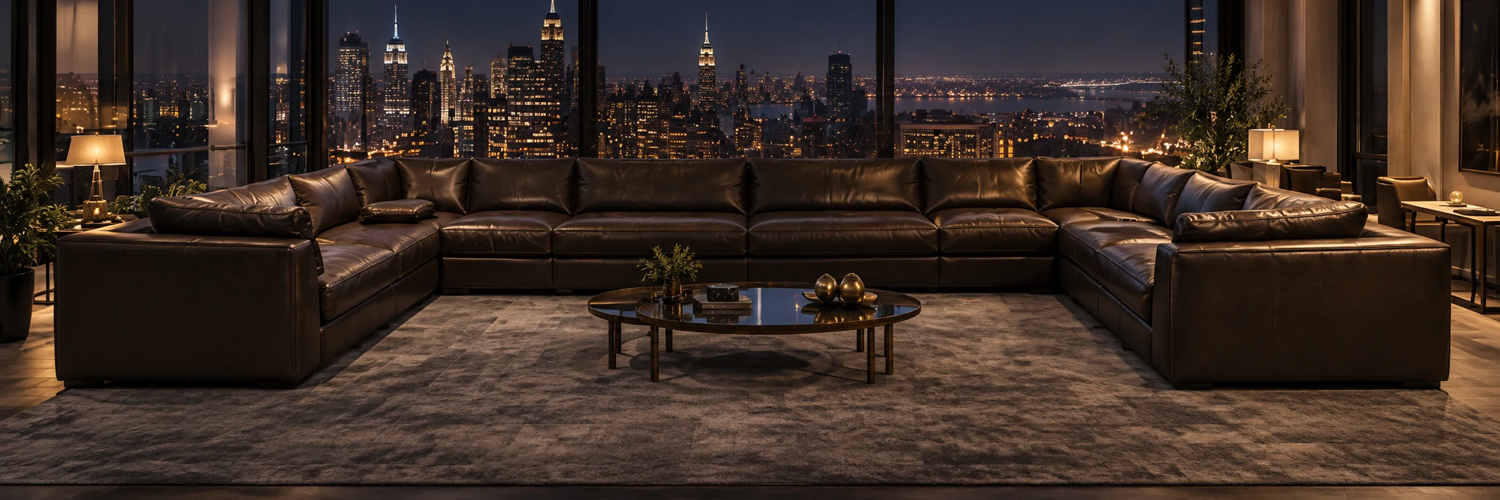 Dark brown leather sectional in a penthouse at night