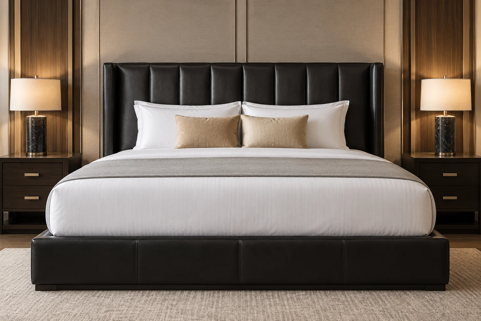 Low dark brown platform bed with a tall flat panel headboard