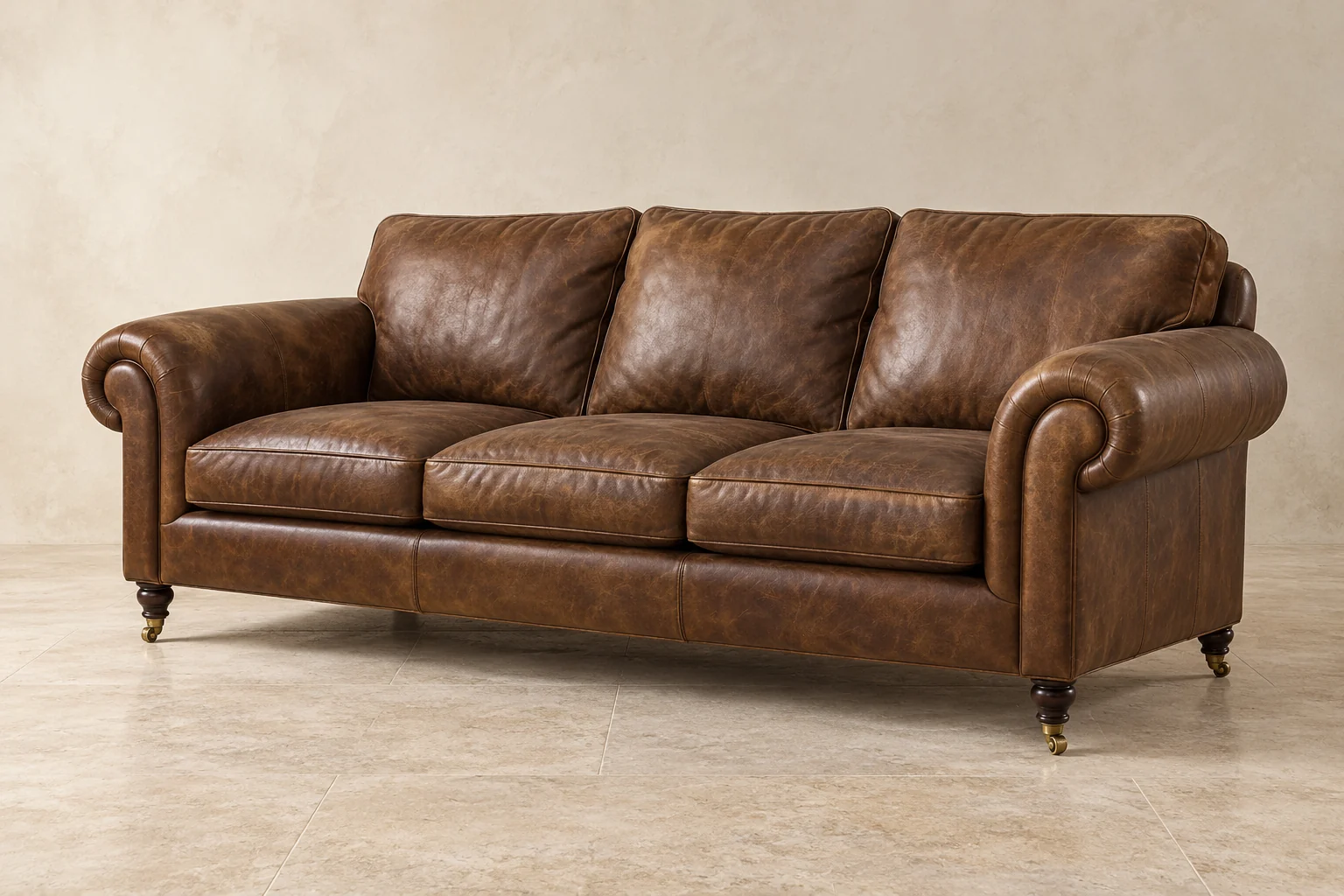 Dark brown three-cushion rolled-arm leather sofa