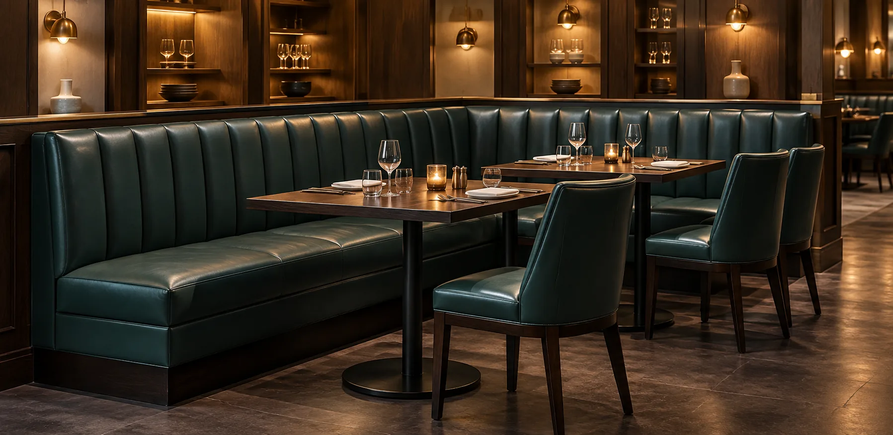 Leather color matching Chicago: dark green leather banquette in a wine bar