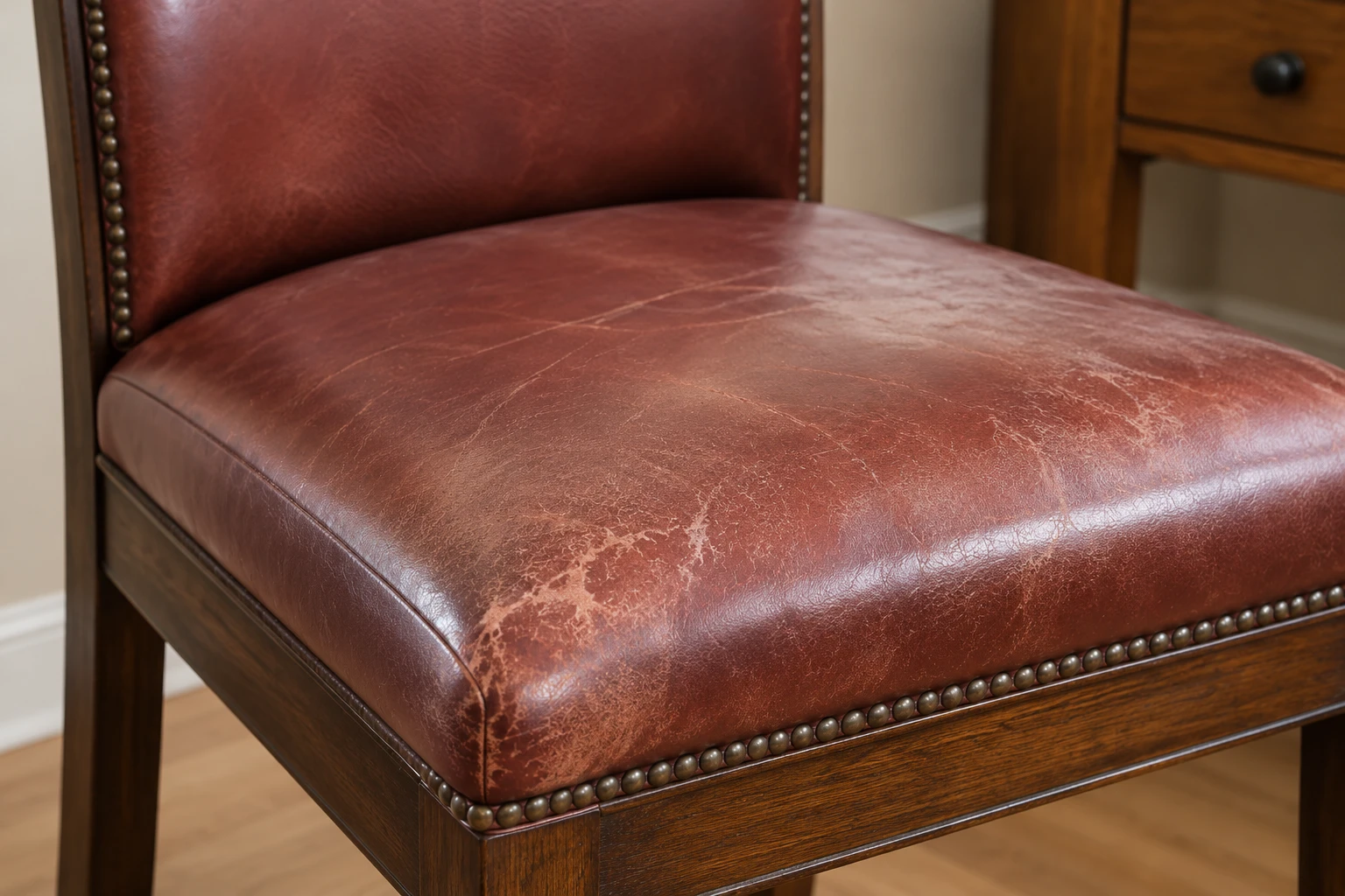 A dining chair seat upholstered in dark red leather with brass nailhead trim along a timber rail