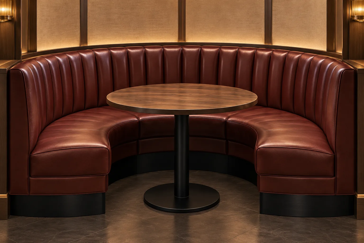 Deep red curved restaurant booth around a round table