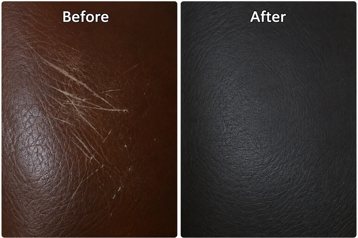 Close-up of brown leather before and after deep scratch repair, the scratches filled and the panel refinished