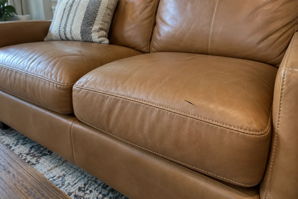 Cut in a tan leather sofa seat from a delivery