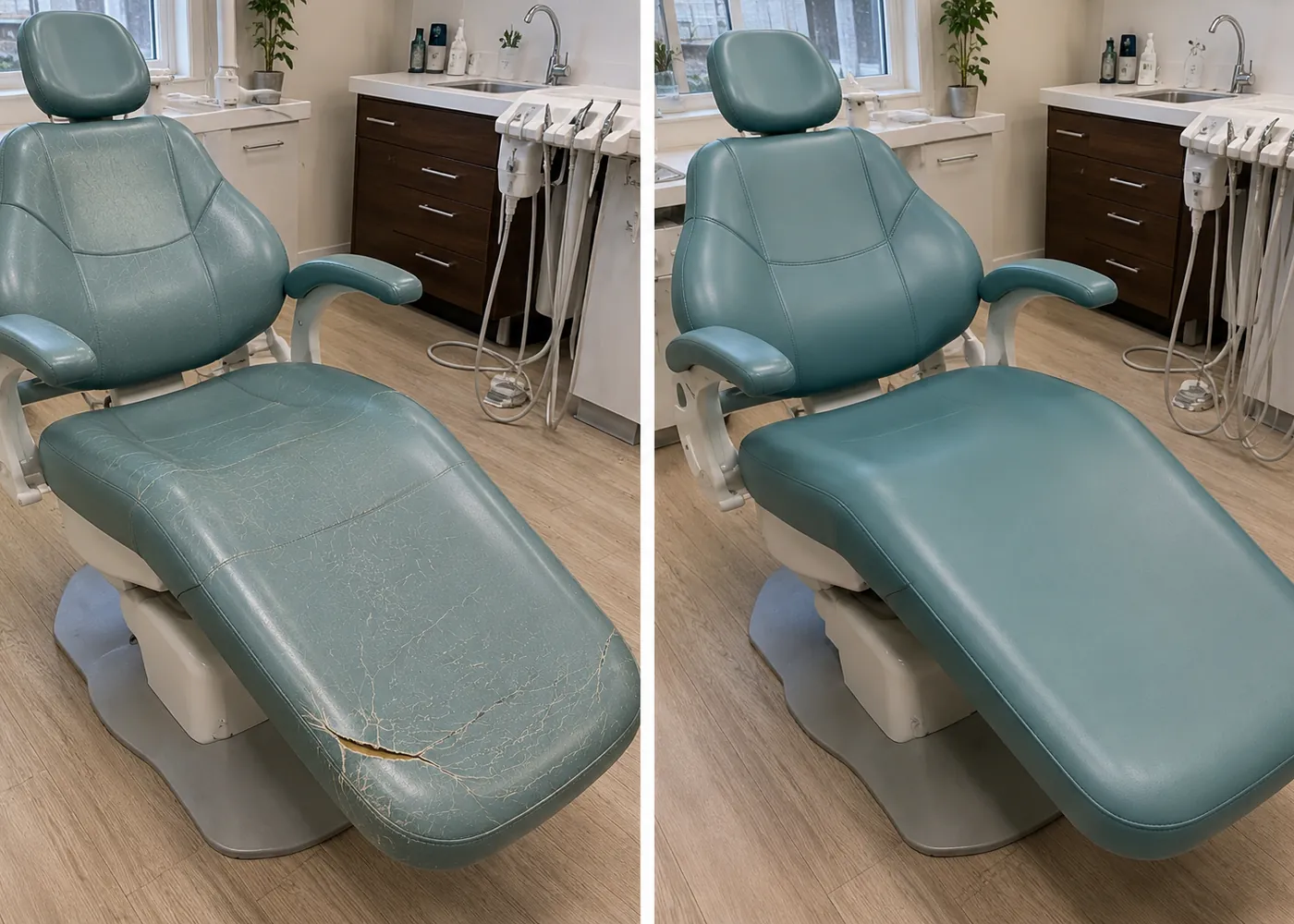 Teal dental chair before and after reupholstery, cracked seat on the left and recovered seat on the right