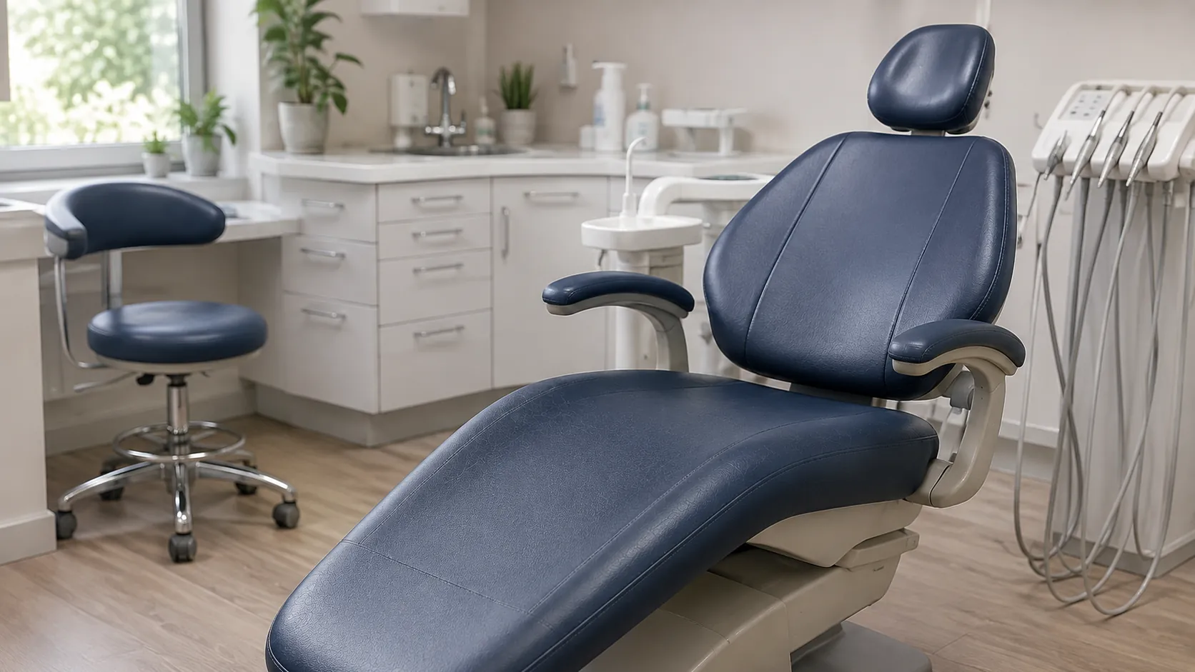 Dental chair reupholstery — a navy vinyl dental chair and matching operator stool in a bright operatory