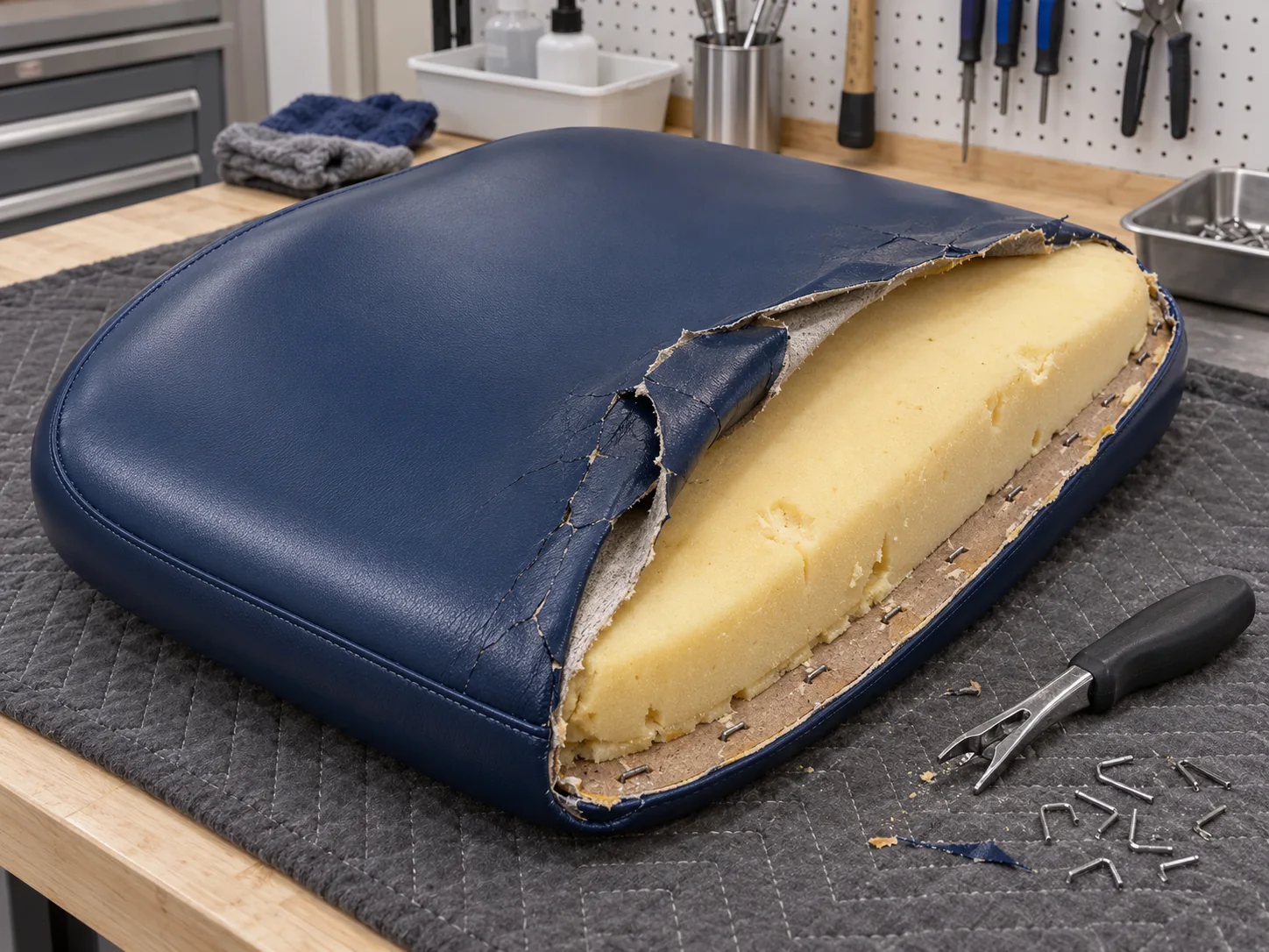 A dental chair seat pad on a workbench with the old vinyl peeled back from the foam