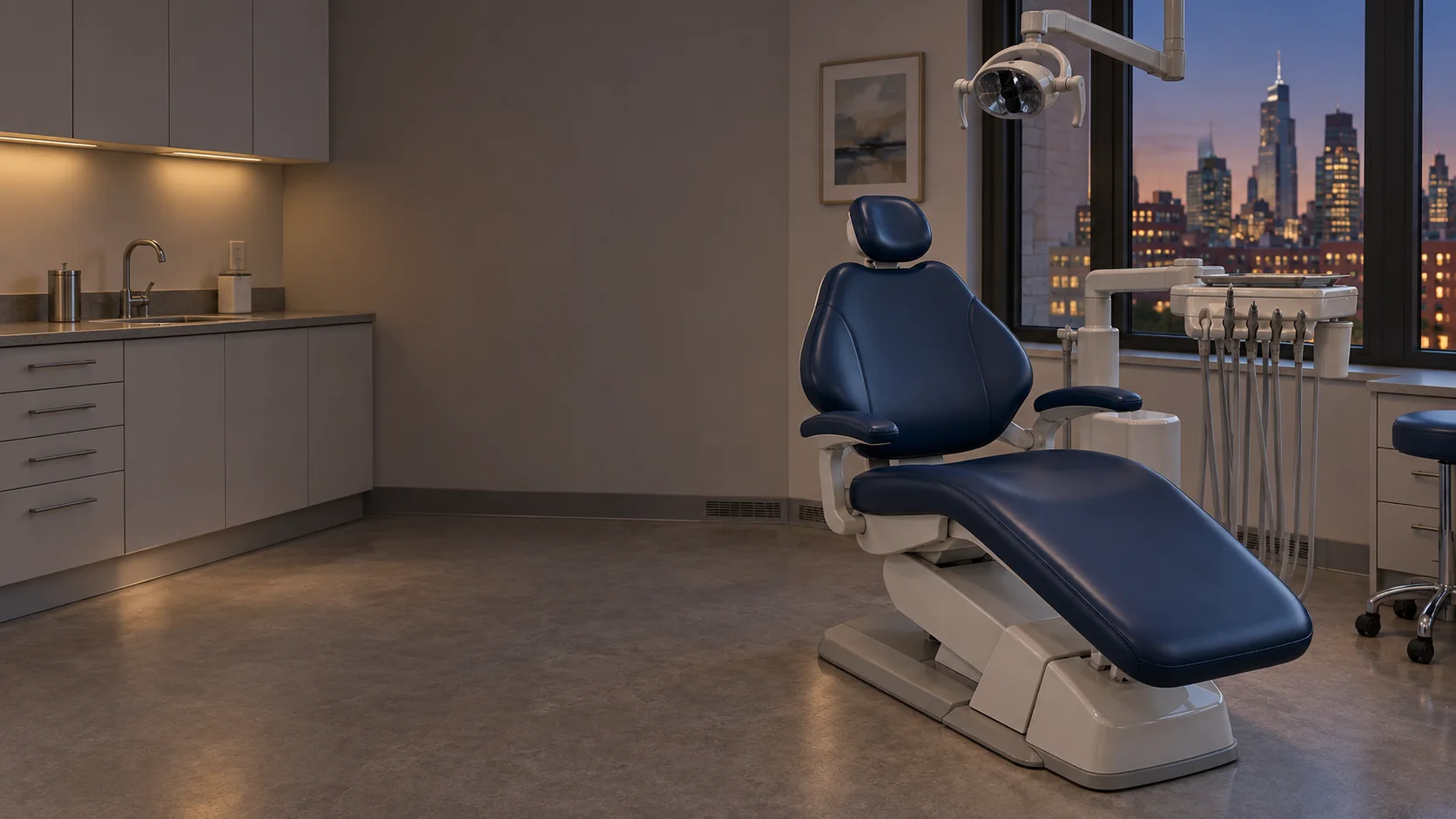 A dental operatory chair at the end of the day