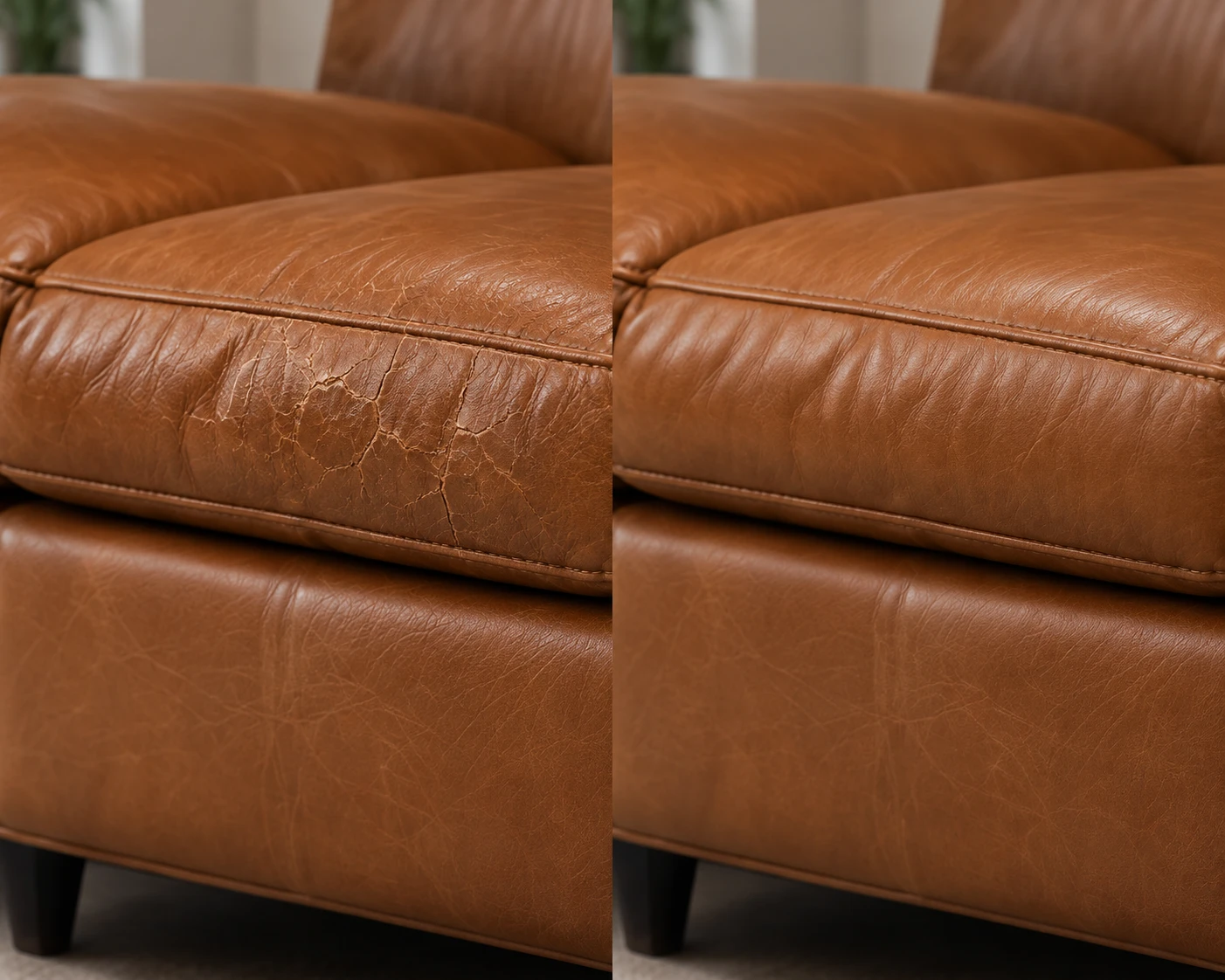 A cognac leather seat before and after crack repair