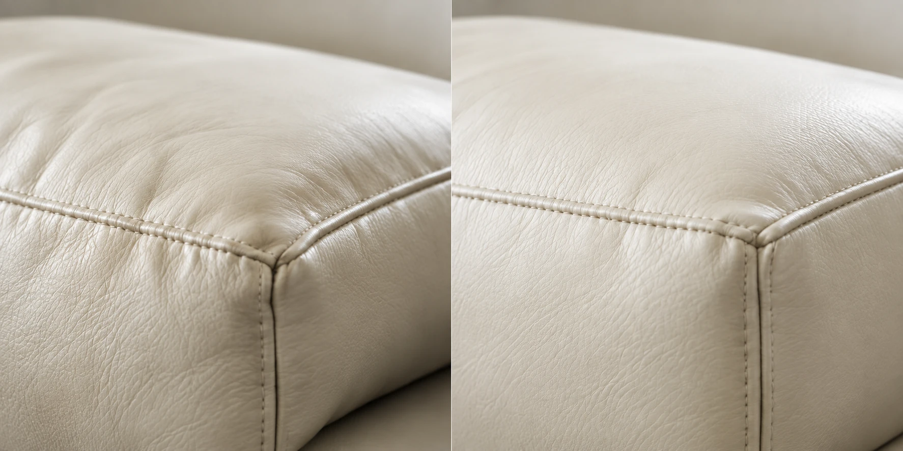 A cream leather cushion edge before and after repair
