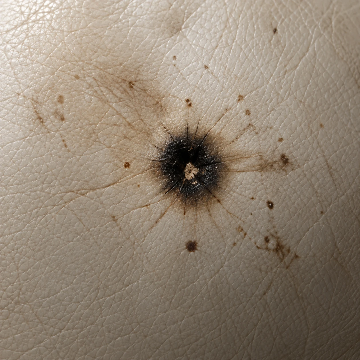 A dark burn mark scorched into pale leather