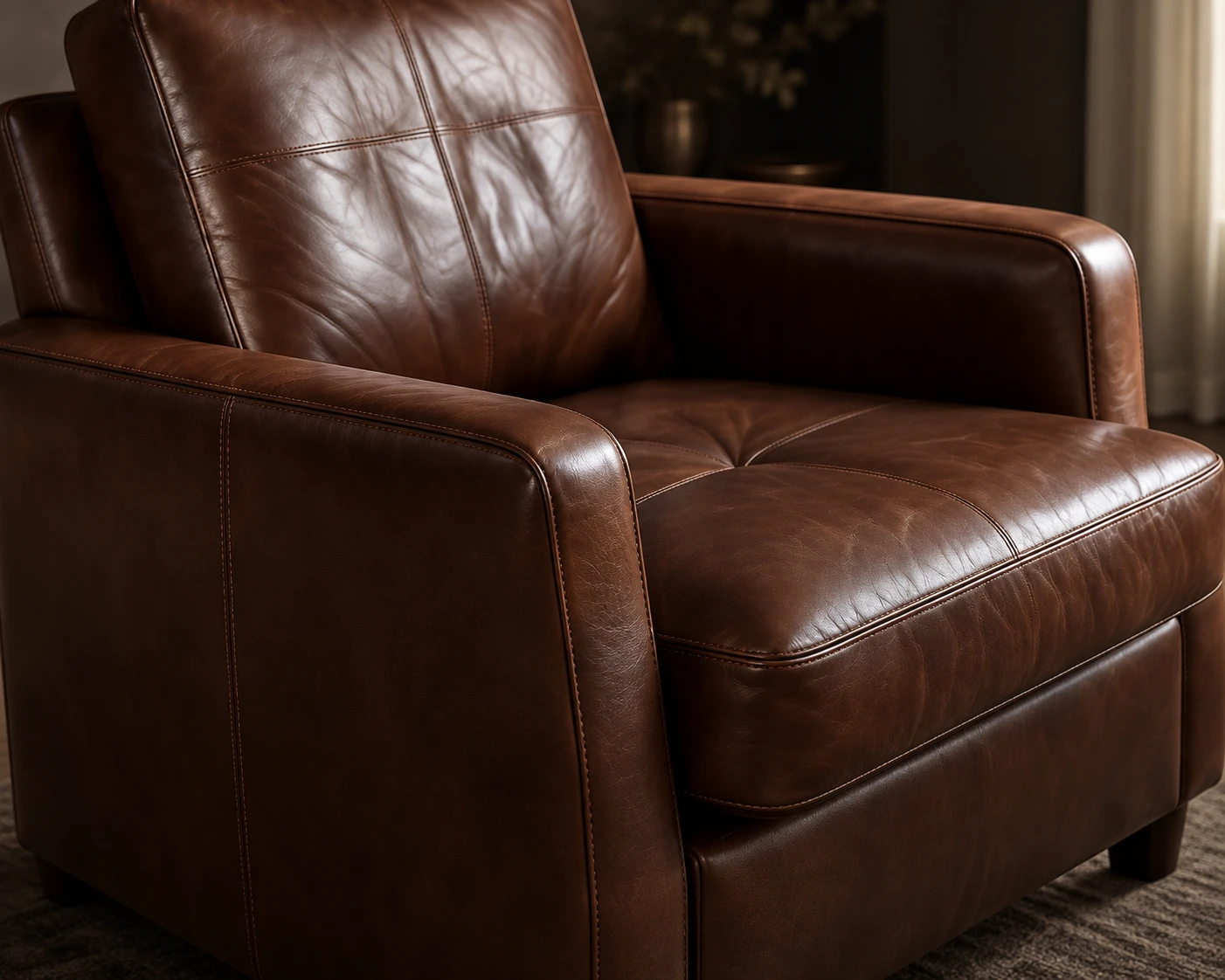 A brown leather armchair with a deep buttoned back