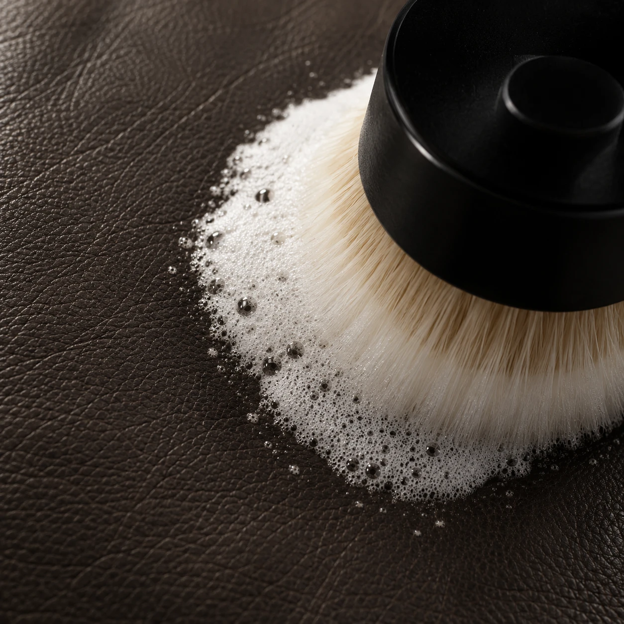 A soft brush working across dark leather during cleaning