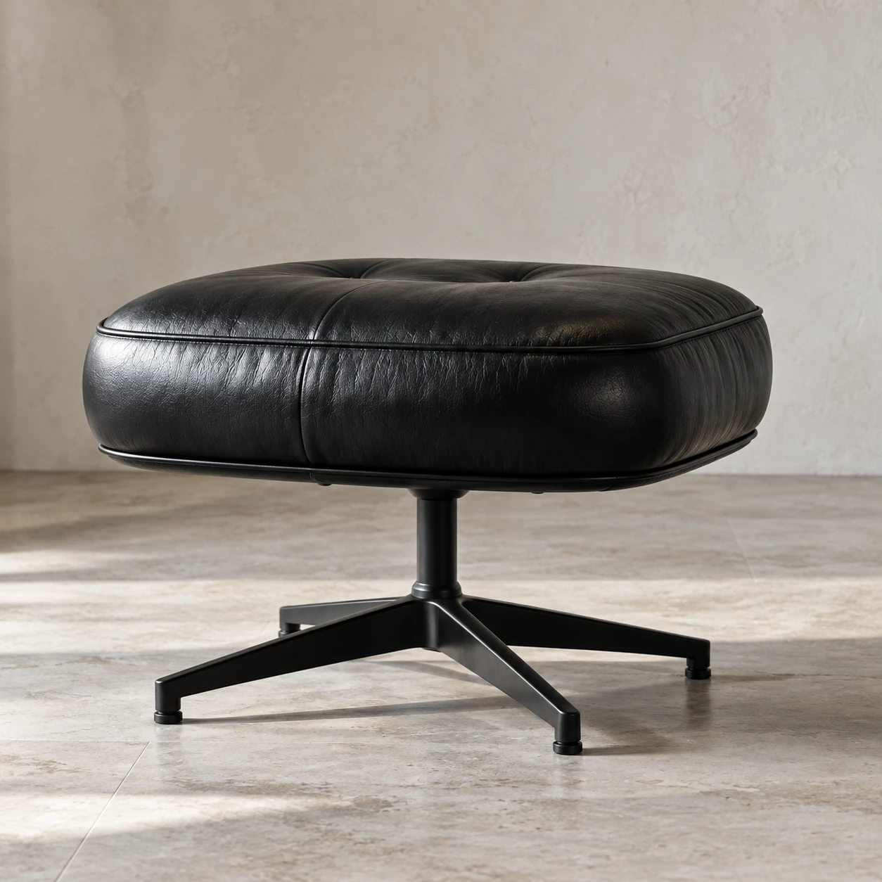 A round black leather ottoman on a polished star base