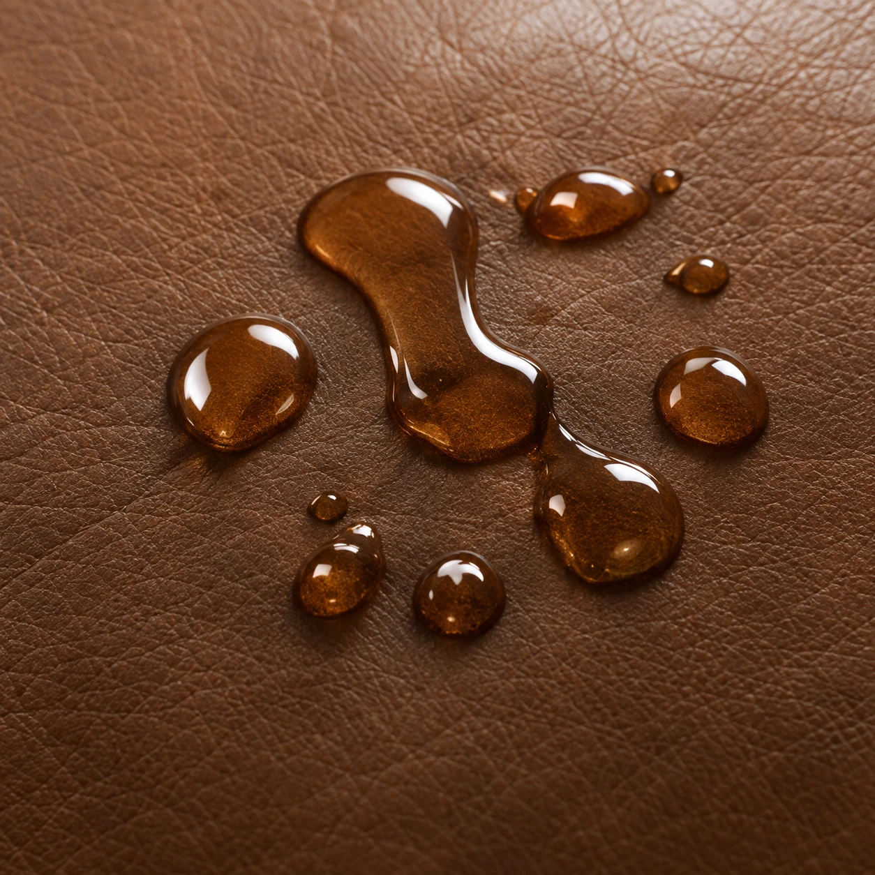 Amber droplets sitting on a leather surface before they soak in