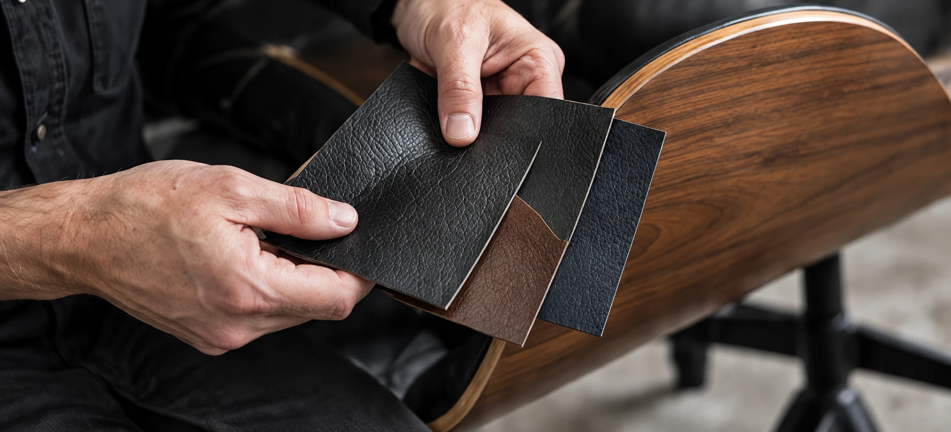 Hands holding leather swatches against a walnut chair shell to compare tone
